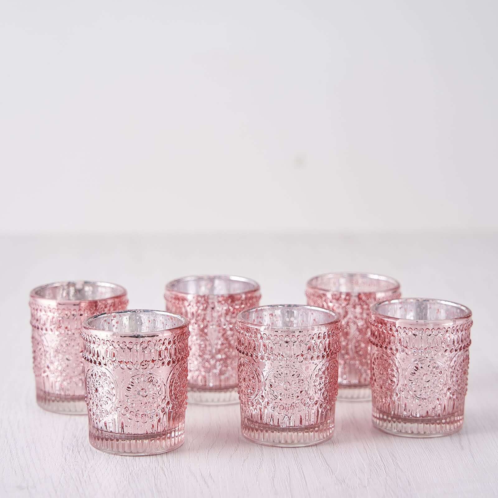 6-Pack Mercury Glass Candle Holders Rose Gold Primrose Design - Votive Tealight Holders for Weddings