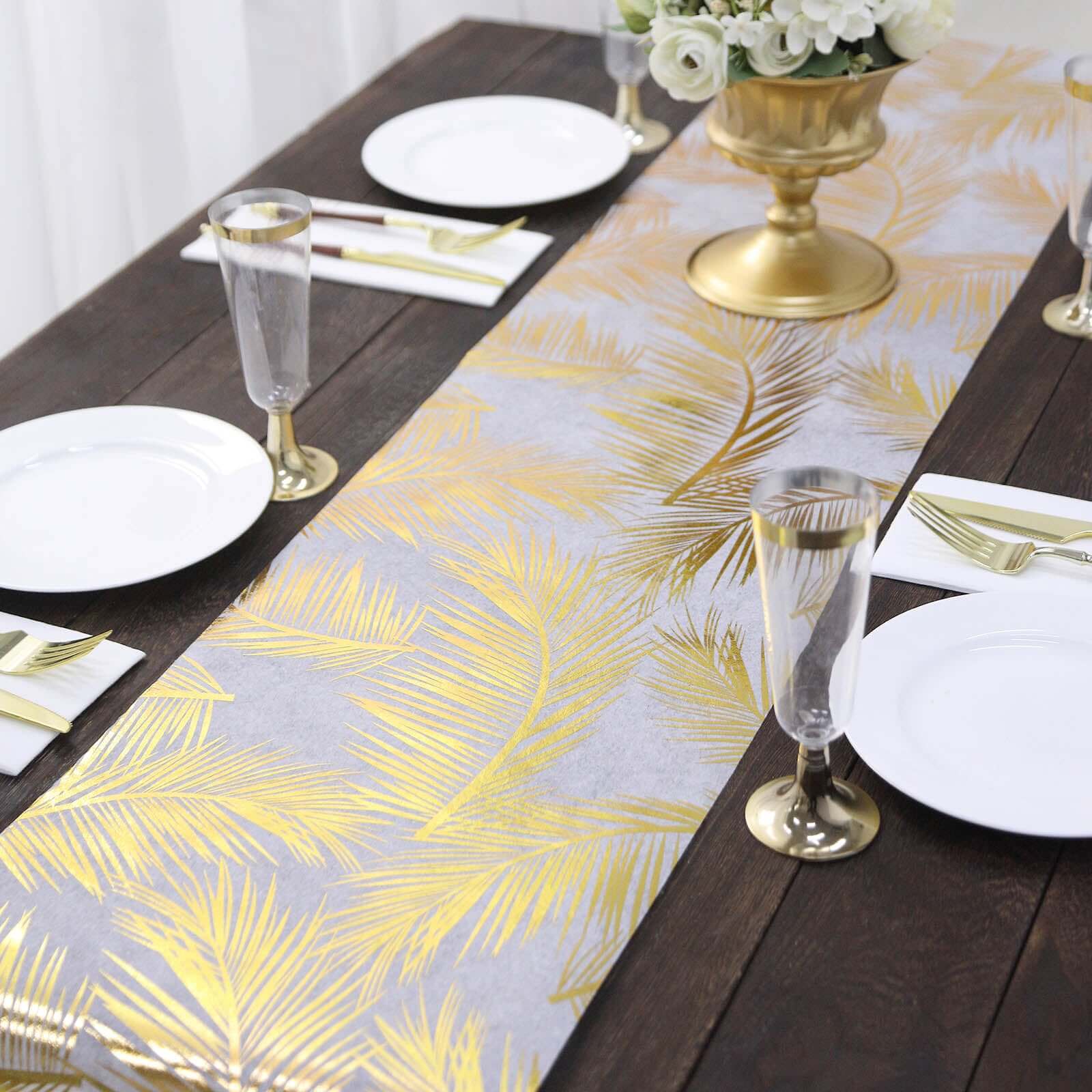 Disposable Table Runner Roll 108 Metallic Gold Foil Palm Leaves Print - Chic Non-Woven Tropical Table Decor for Events