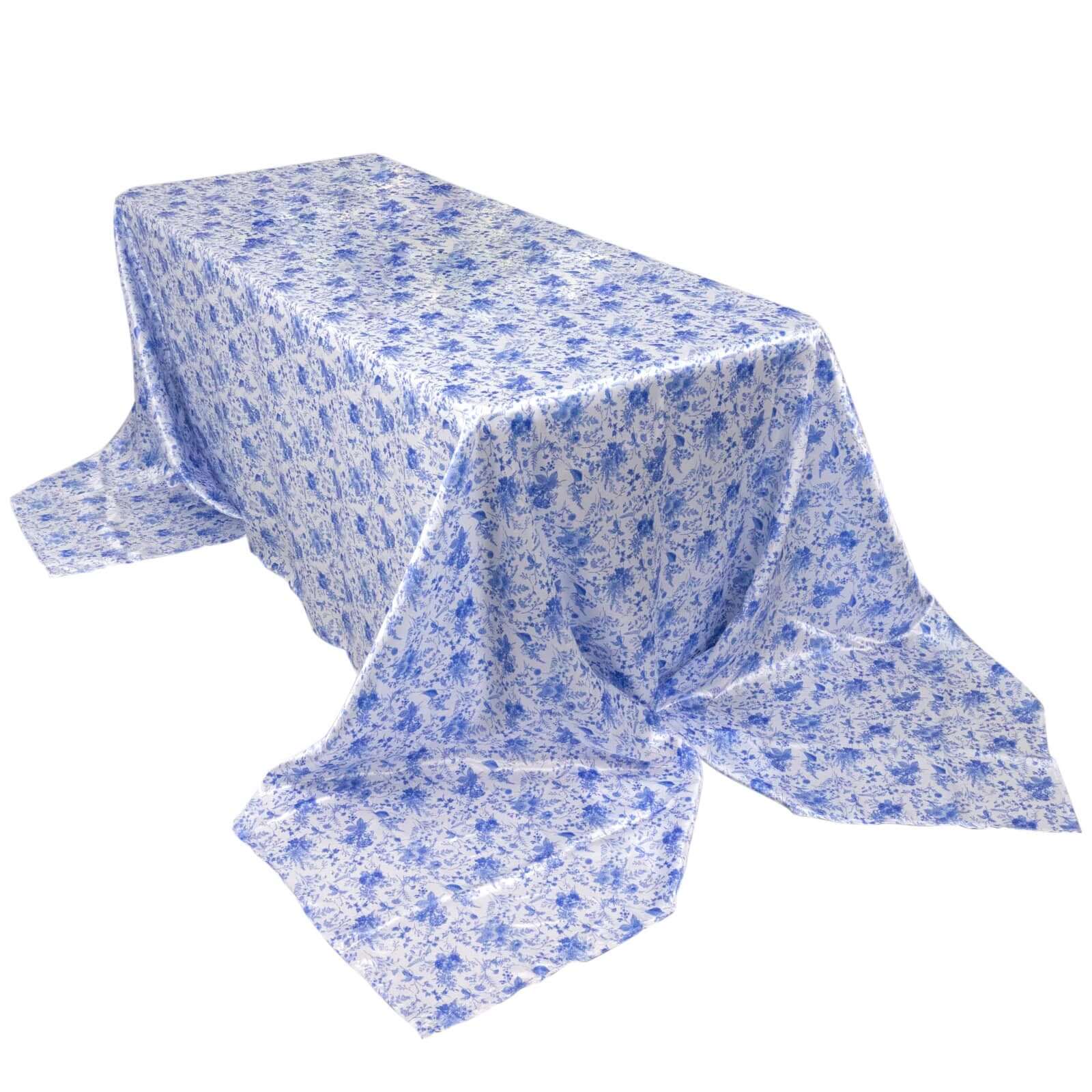 Satin Round 90x156 Tablecloth White/Blue French Toile Design - Seamless Stylish & Wrinkle-Resistant Table Cover