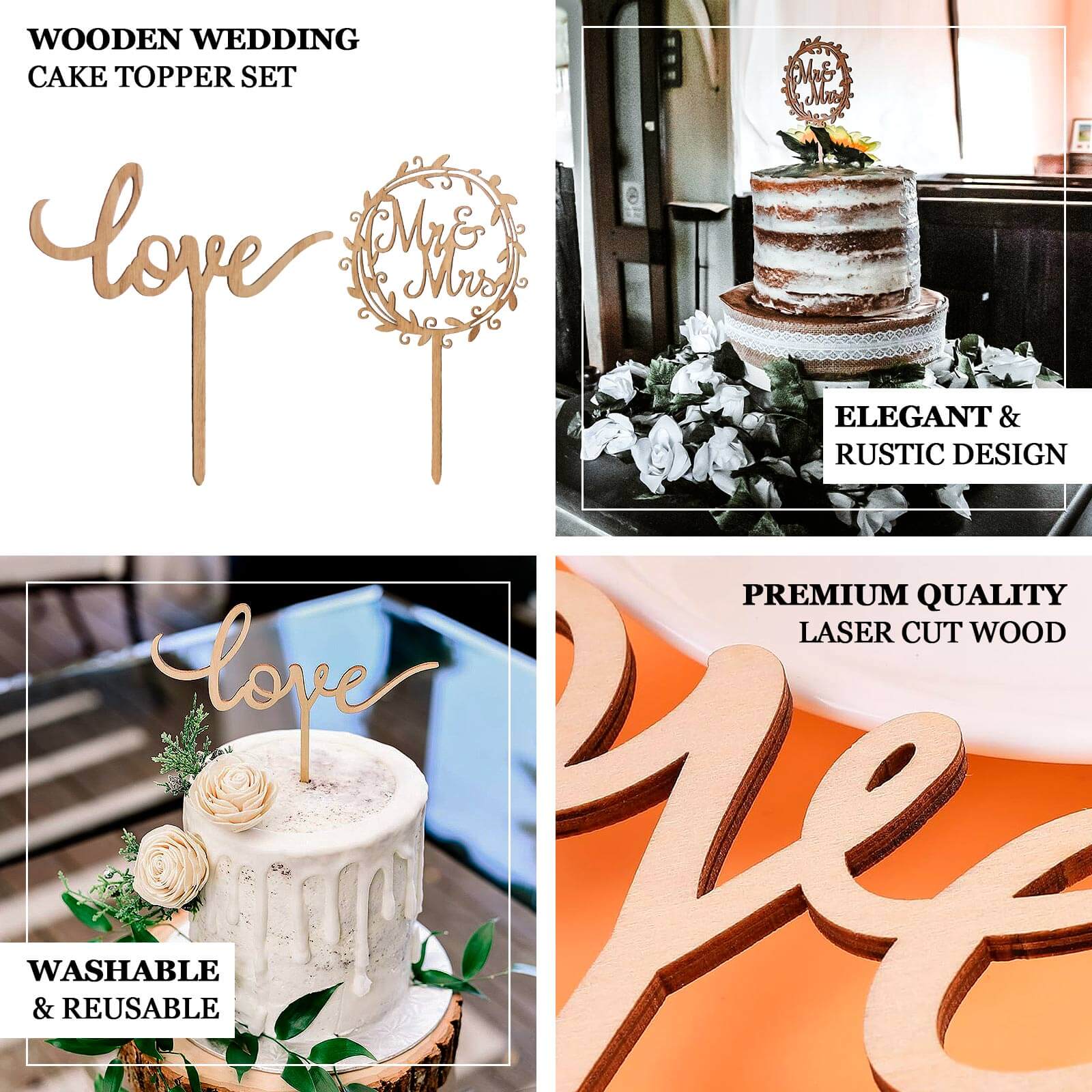 Set of 2 Wooden Cake Toppers Mr & Mrs and Love Design Natural - Rustic Wedding Cupcake Decorations