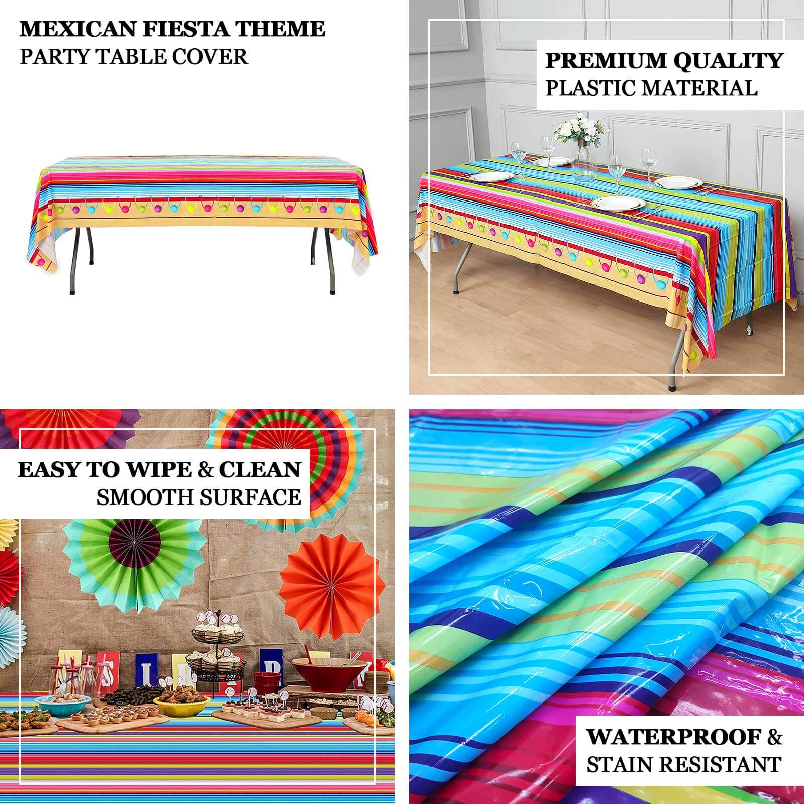 5-Pack Plastic Table Covers Mexican Serape Rectangle - Vibrant PVC Disposable Tablecloths for Cinco De Mayo 54x108