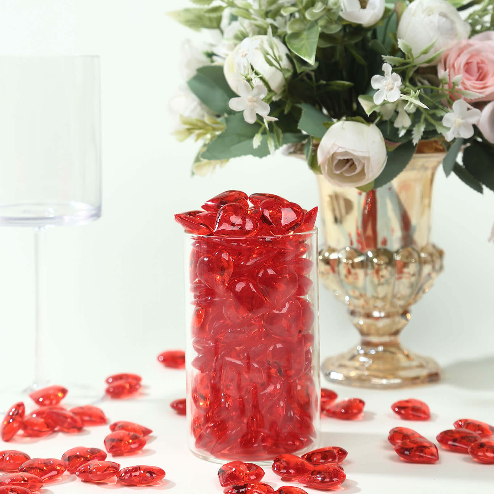 250 Pcs Acrylic Heart Diamond Gems Red Vase Fillers - Romantic Translucent Table Scatters for Valentine’s Day & Events