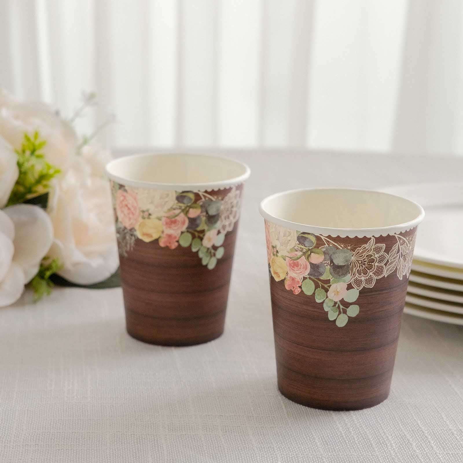 24-Pack Paper Cups 9oz Brown Wood Print with Floral Lace Rim - Chic Disposable Party Cups for Rustic Decor & Themed Parties