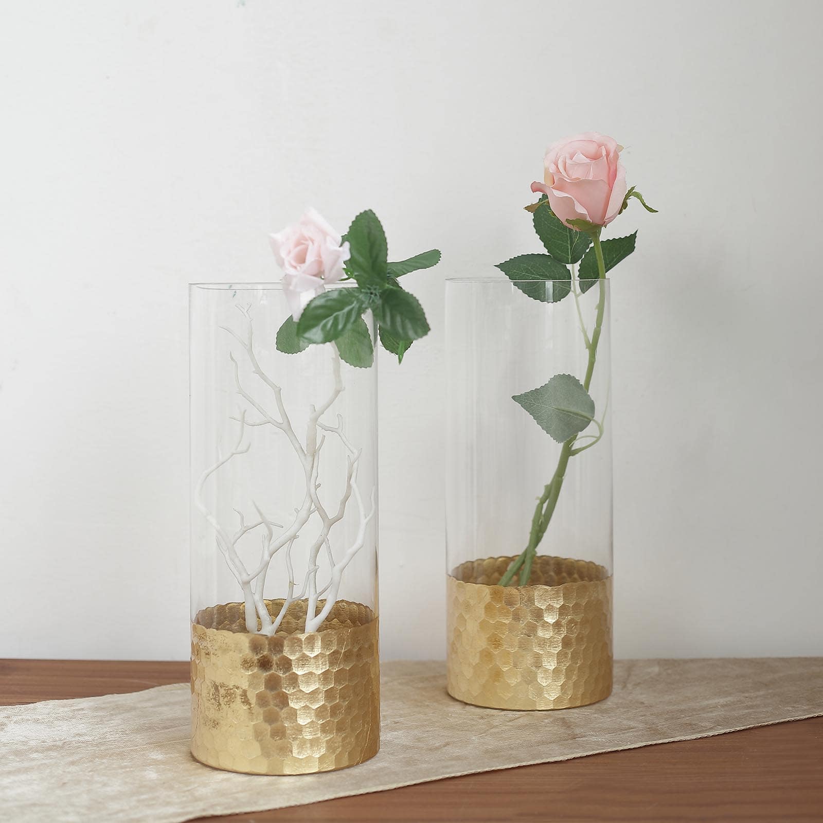 2-Pack Glass Cylinder Vases Honeycomb Design Clear with Gold Base - Decorative Candle Holder Centerpieces 12