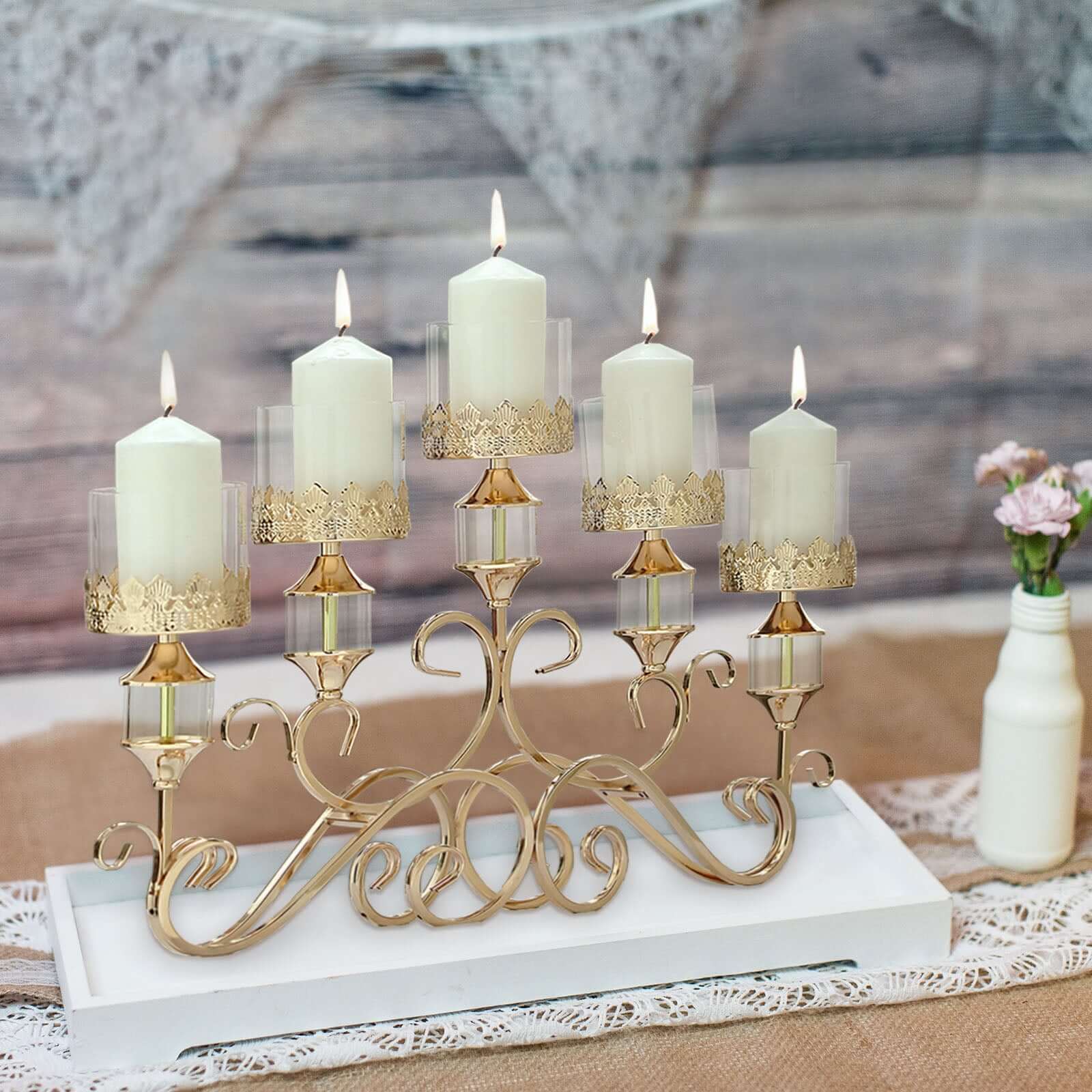 5-Arm Metal Table Candelabra Antique Gold Crown Top Design - Stylish Horizontal Table Centerpiece with Glass Votive Holders 18