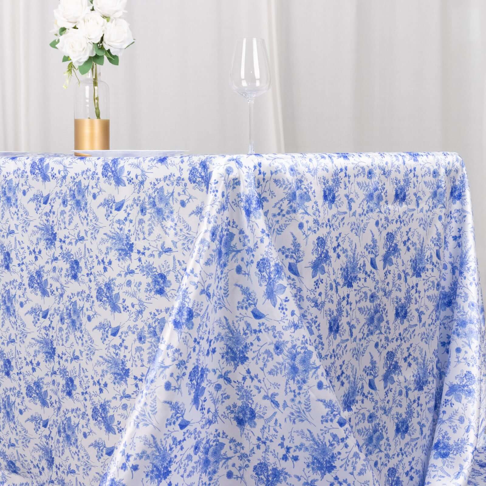 Satin Round 90x132 Tablecloth White/Blue French Toile Design - Seamless Stylish & Wrinkle-Resistant Table Cover