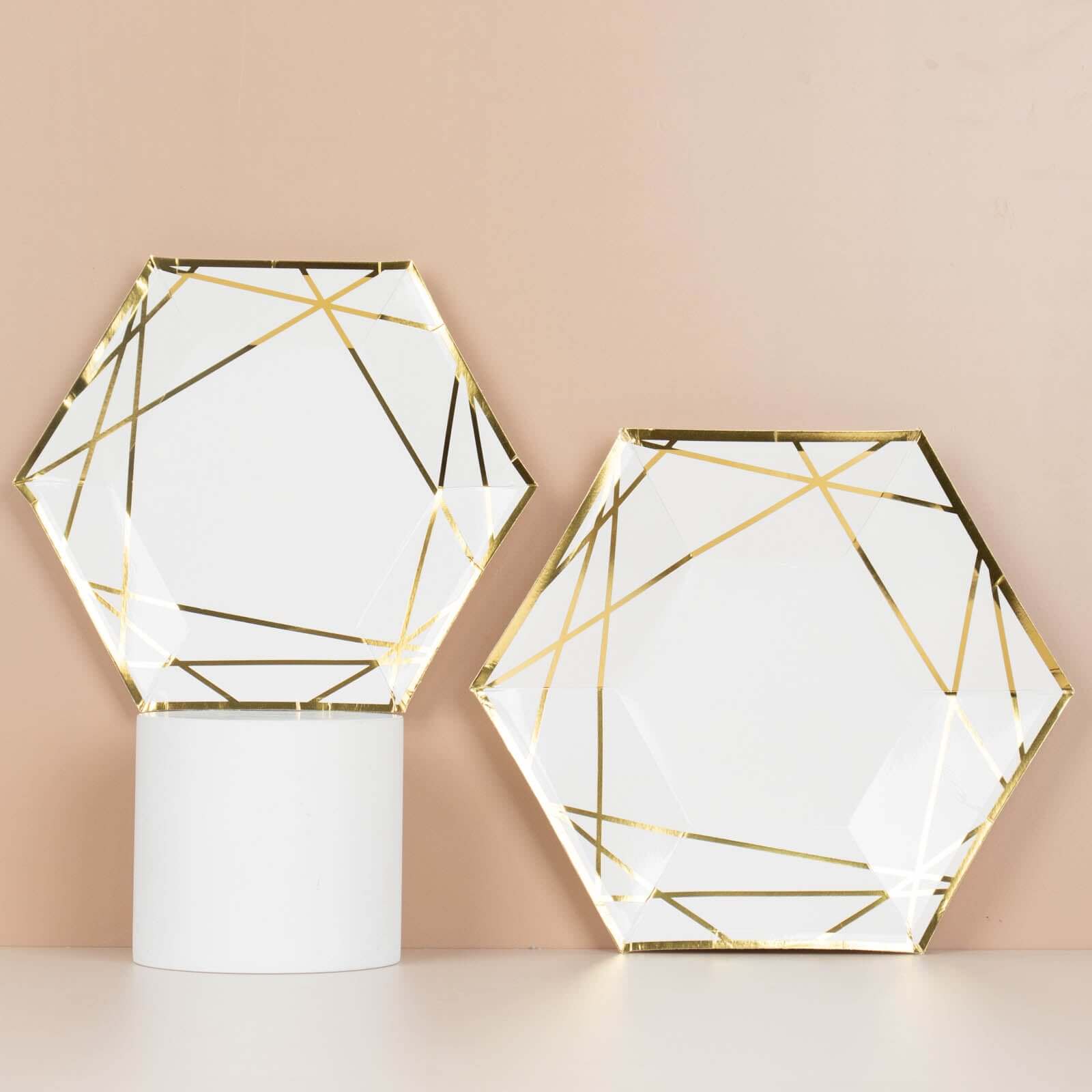 25-Pack Paper 9 Hexagon Dinner Plates in White with Gold Geometric Lines & Rim - Stylish Disposable Geometric 300GSM Party Plates for Events & Banquets