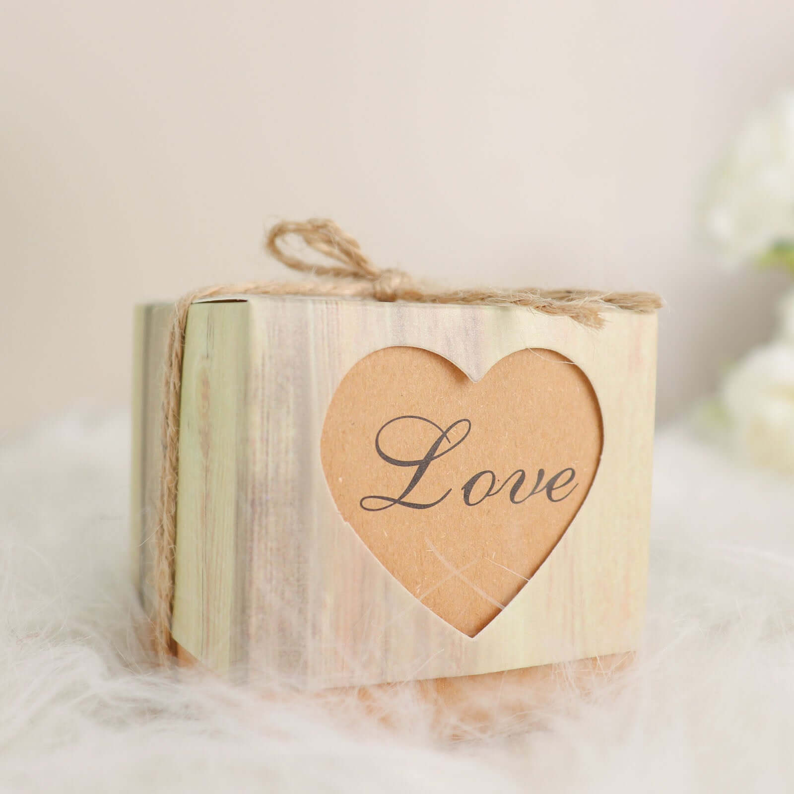 25 Pack 2.5 Rustic Wood Pattern Natural Brown Paper Candy Gift Boxes, Square Party Favor Boxes with Burlap Jute Twine and Love Heart Cut Out