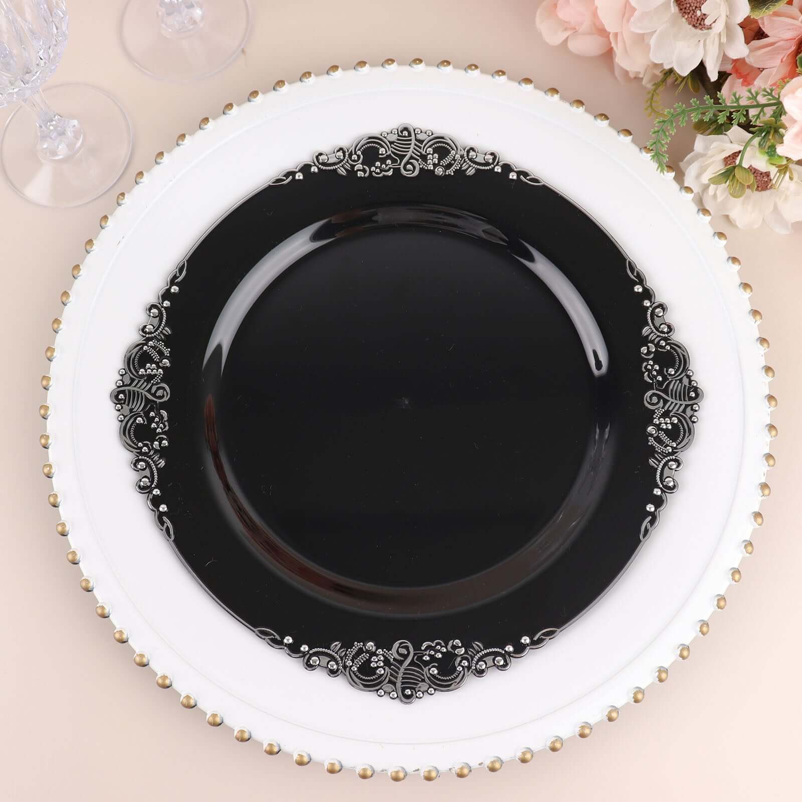 10-Pack Plastic 10 Round Dinner Plates in Black with Silver Leaf Embossed Rim - Disposable Vintage Baroque Style Plates