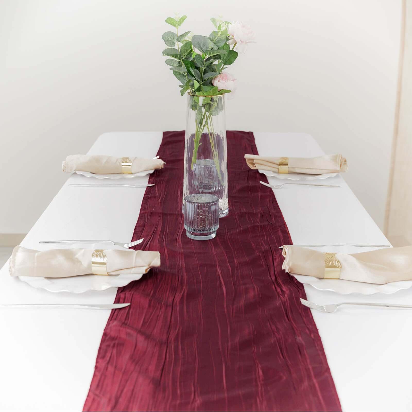 Taffeta 12x108 Table Runner Burgundy - Accordion Crinkle Design