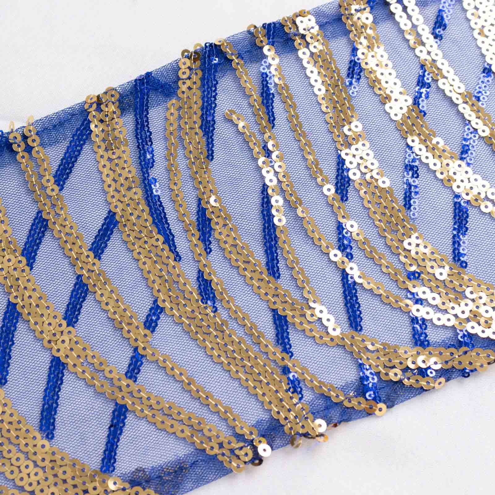 5 Pack Chair Sashes with Wave Embroidered Sequins Royal Blue/Gold 6x88