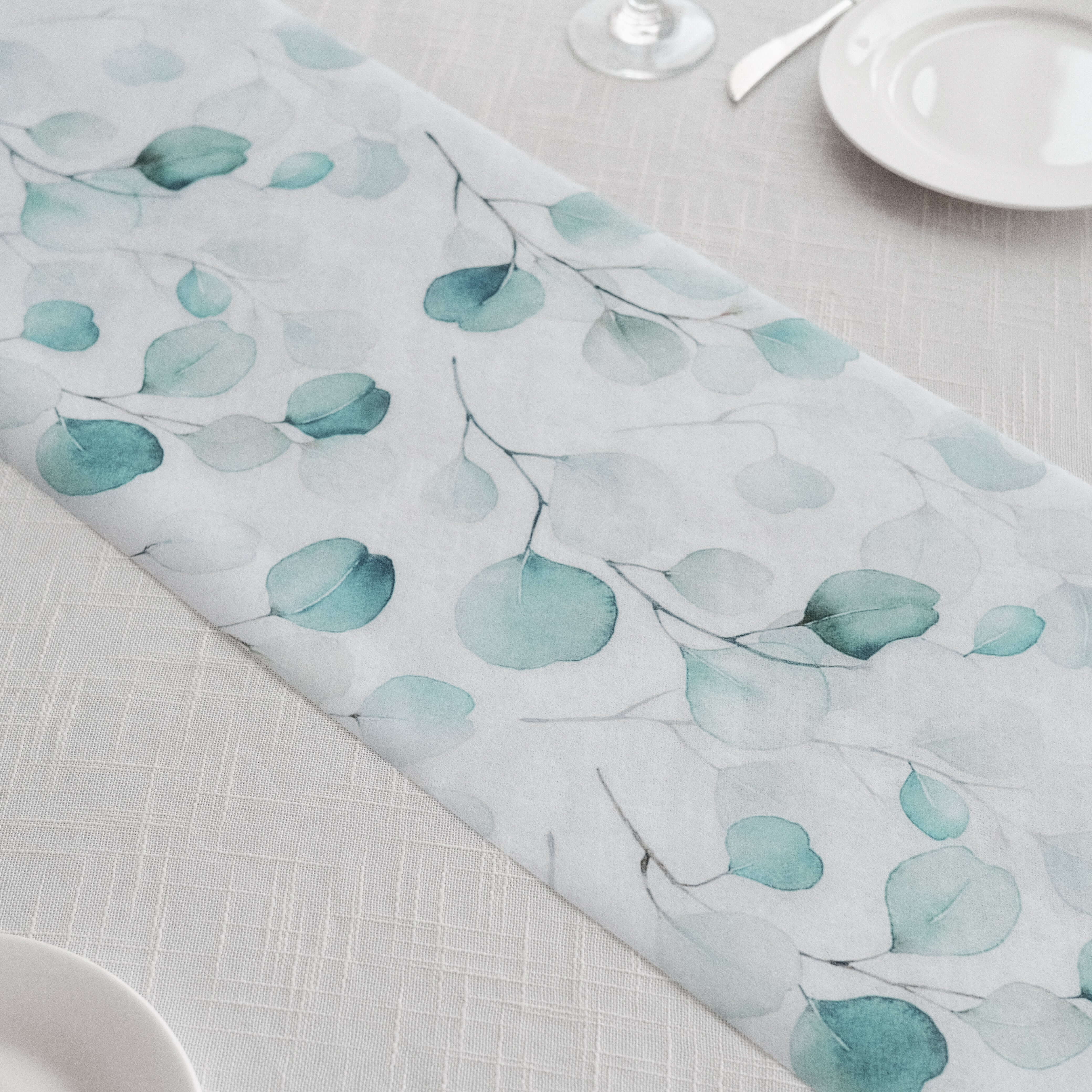 Disposable Table Runner 11x108 White with Green Eucalyptus Leaves Print - Non-woven Stylish Spring Summer Dining Decor