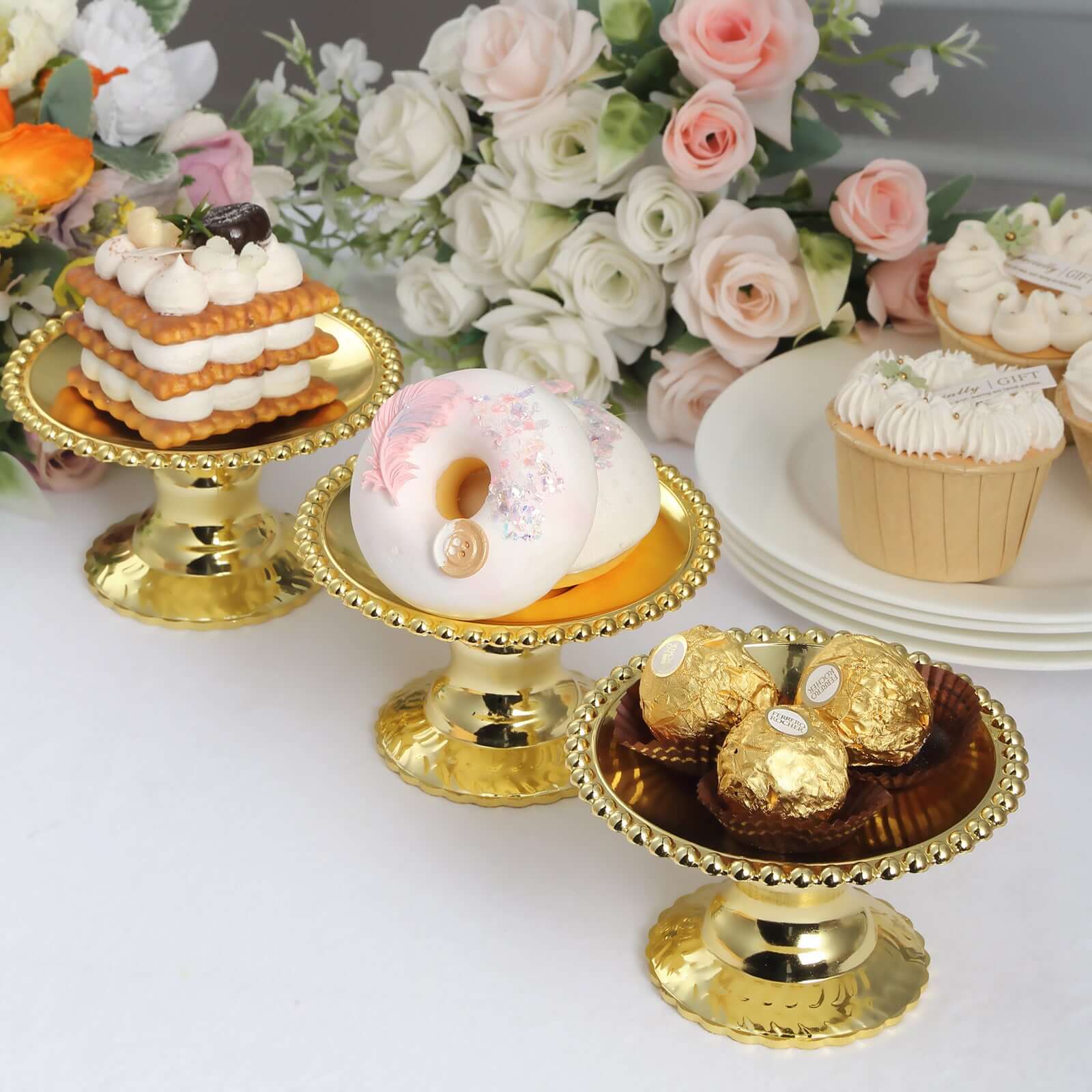 12-Pack Plastic Pedestal Cupcake Plates Mini Gold Mirror Finish Beaded Rim - Great for Displays 5