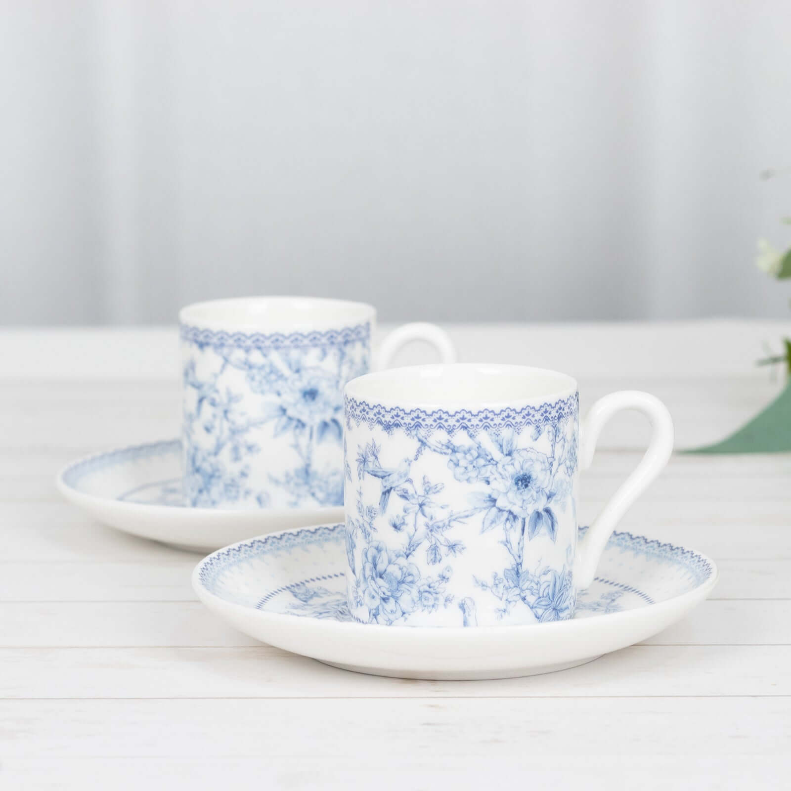 White Blue French Toile Bridal Shower Gift Set, Set of 2 Porcelain Espresso Cups and Saucers with Matching Keepsake Box