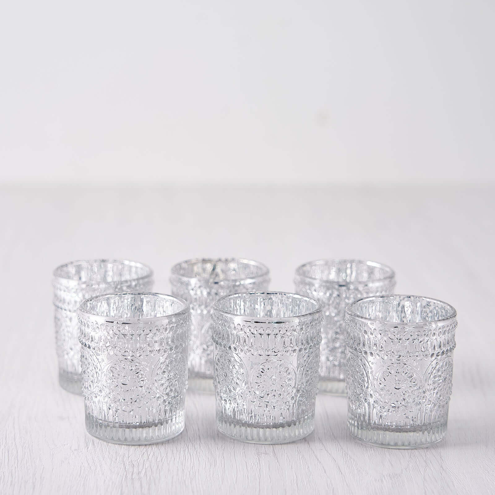 6-Pack Mercury Glass Candle Holders Silver Primrose Design - Votive Tealight Holders for Weddings