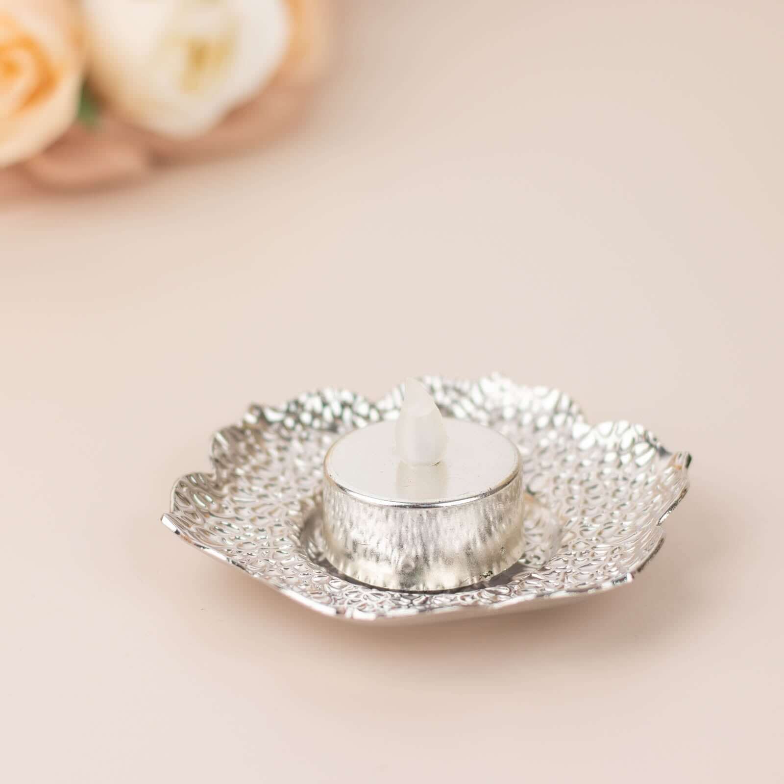 3-Pack Metal Votive Candle Holders Plum Blossom Design Shiny Silver - Vintage Mini Tea Cup Saucers 4