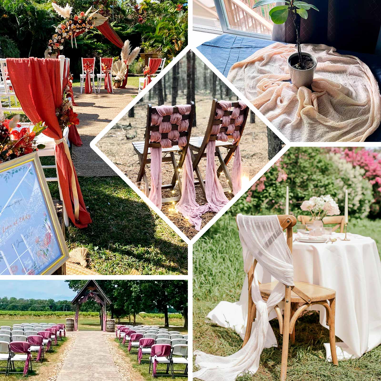 5 Pack Cheesecloth Gauze 16x88 Chair Sashes Olive Green - Boho Chair Decorations