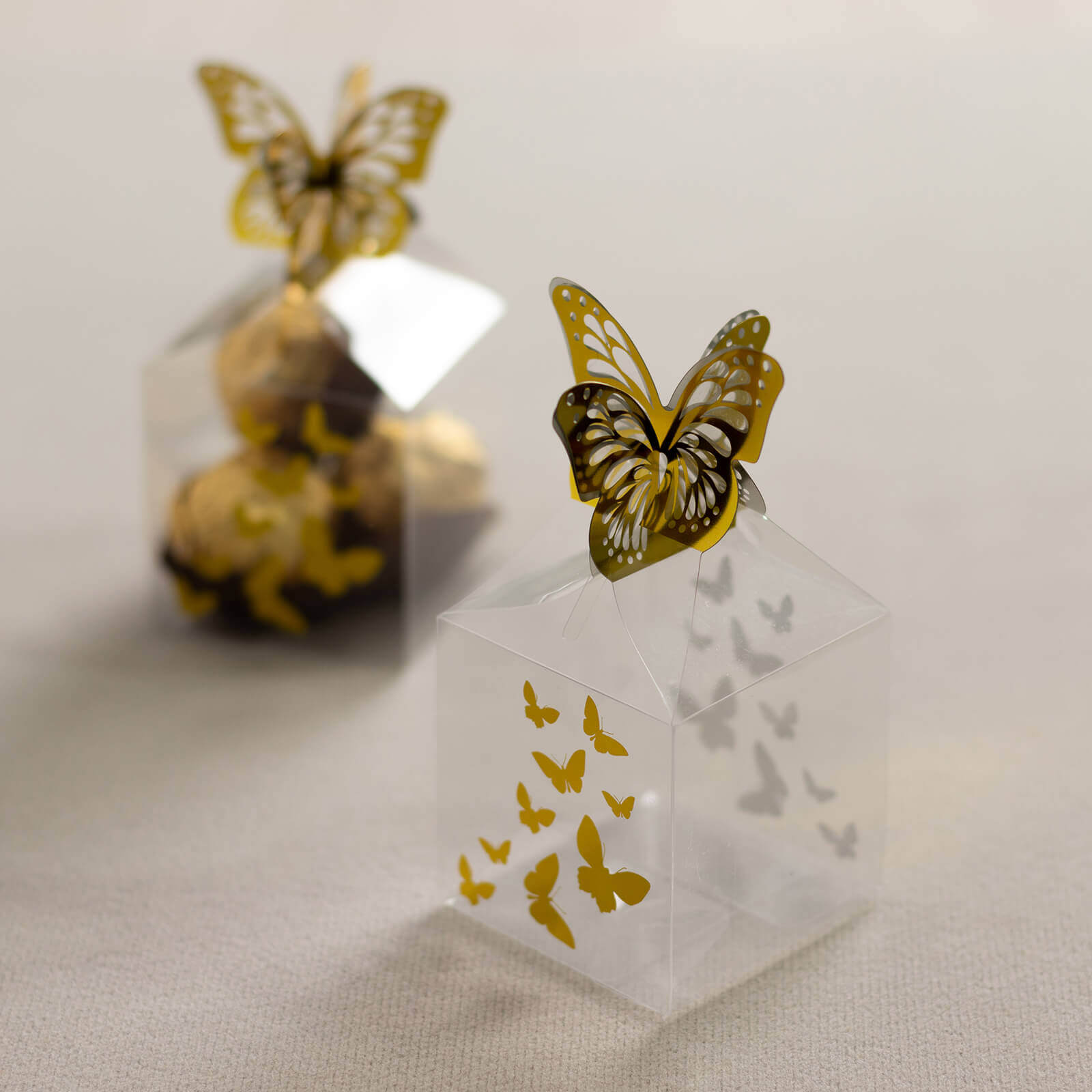 25 Pack Clear Transparent Square Party Favor Boxes with Gold Butterfly Top, Clear Candy Treat Gift Boxes - 2x2x4