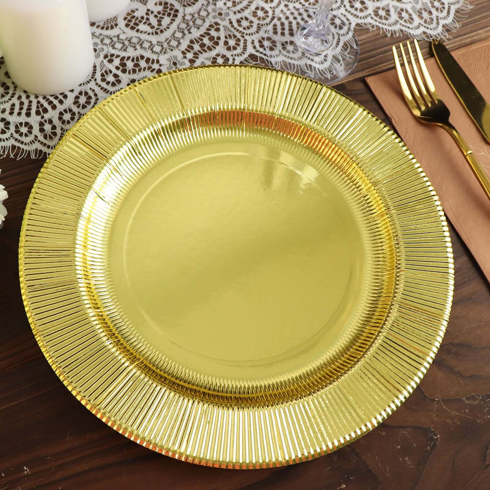 25-Pack Paper 10 Round Dinner Plates in Metallic Gold Sunray Design - Disposable Heavy Duty 350GSM Party Plates