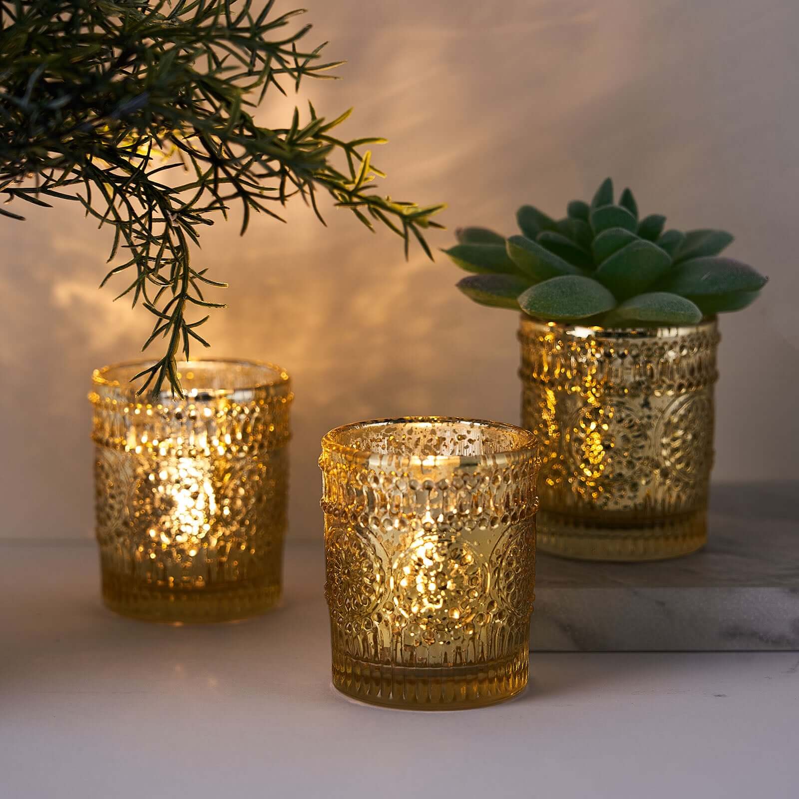 6-Pack Mercury Glass Candle Holders Gold Primrose Design - Votive Tealight Holders for Weddings