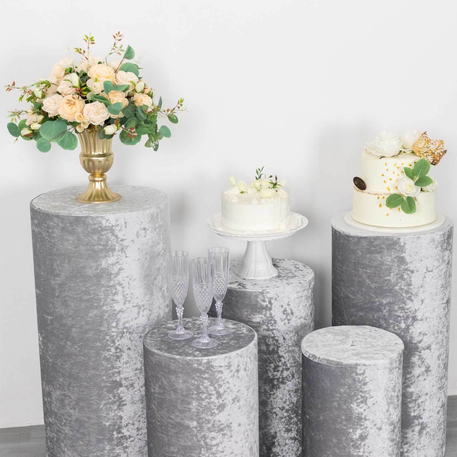 Set of 5 Silver Crushed Velvet Cylinder Pedestal Stand Covers, Premium Pillar Prop Covers