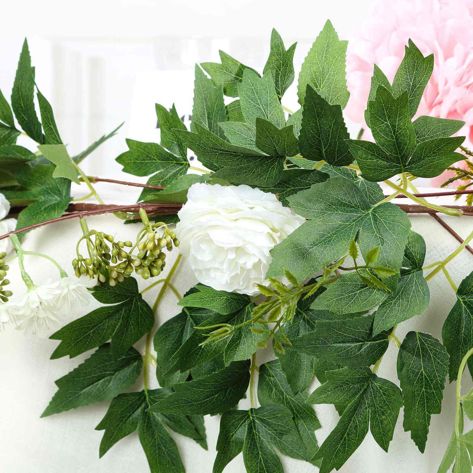 6ft White Artificial Silk Peony Foliage Hanging Flower Garland Vine