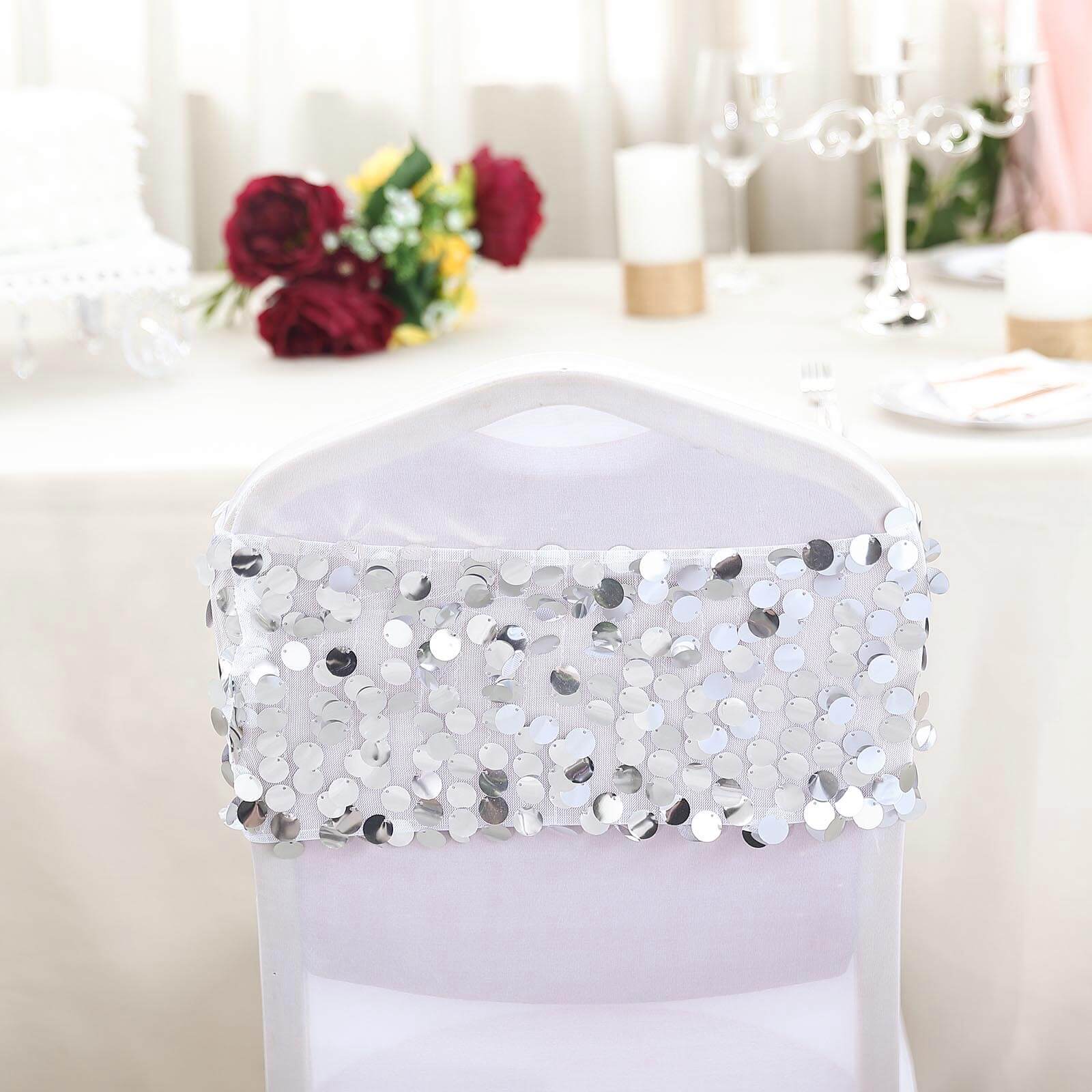 5 Pack Big Payette Sequin 13x10 Chair Sash Bands Silver - Stylish Glittering Decor for Weddings & Gatherings