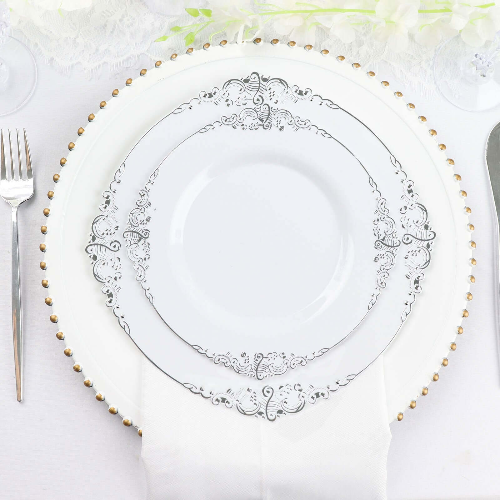 10-Pack Plastic 10 Round Dinner Plates in White with Silver Leaf Embossed Rim - Disposable Vintage Baroque Style Plates