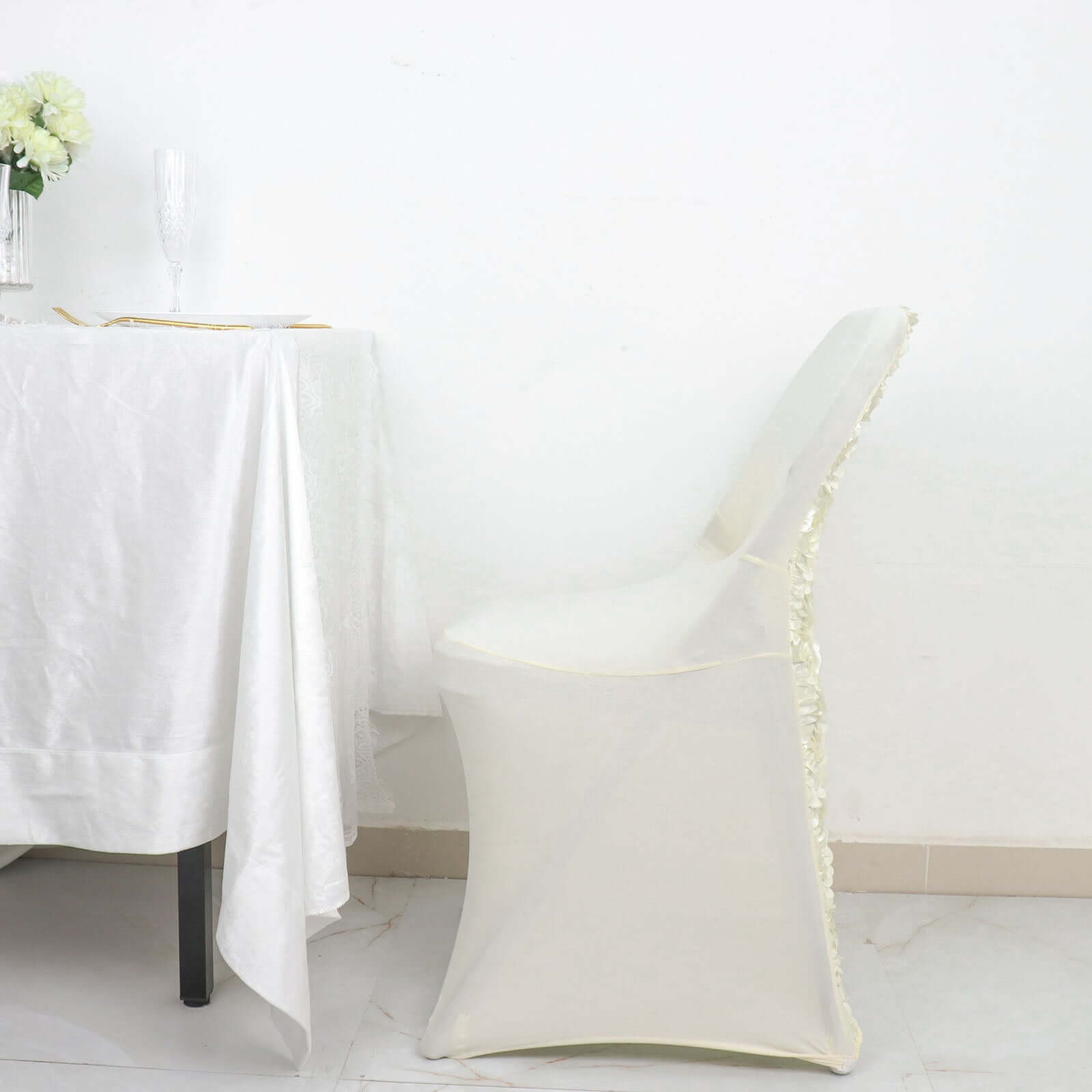 Spandex Chair Cover Ivory for Folding Chairs - Durable Stretch Fitted Slipcover with Satin Rosette Design