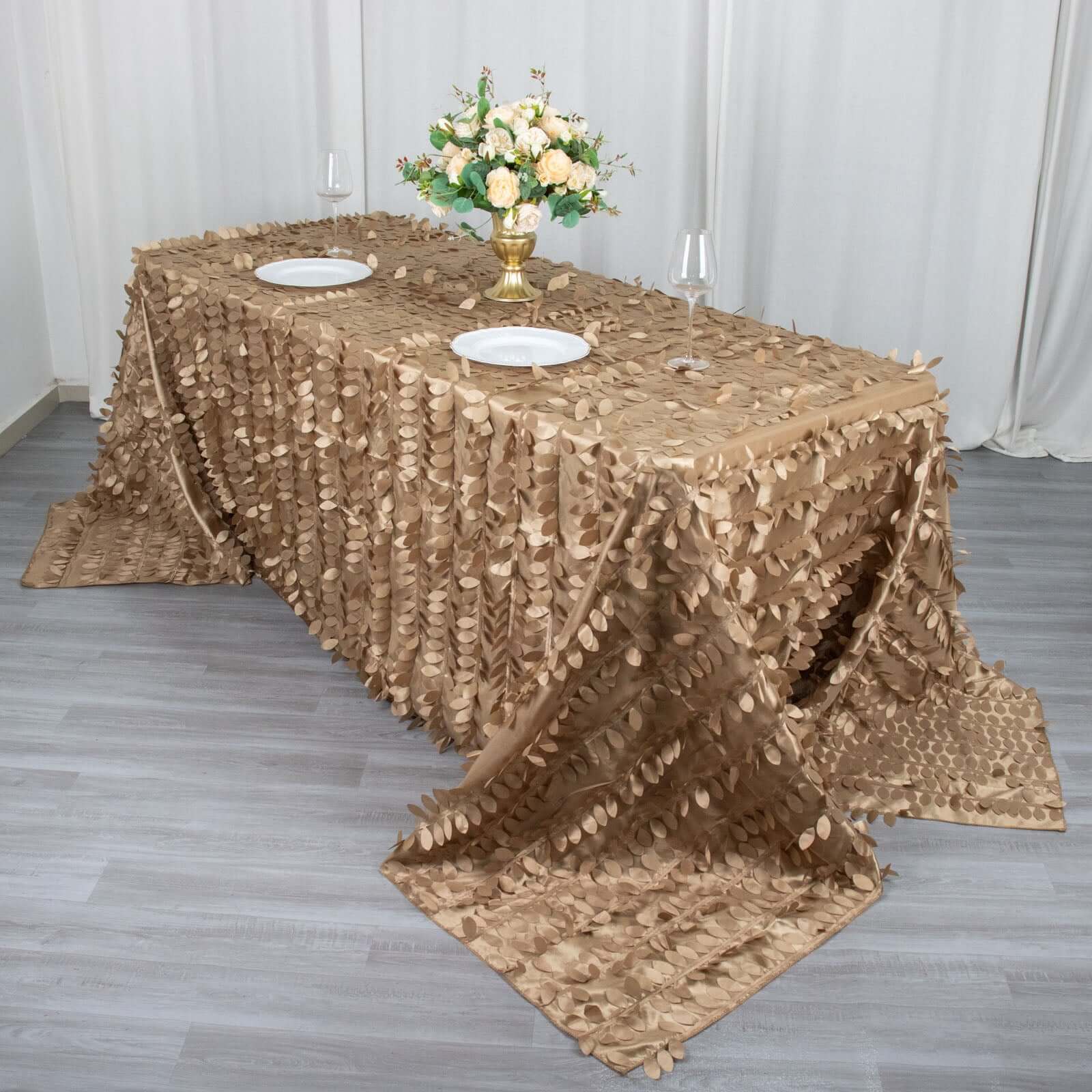 Taffeta 90x132 Rectangle Tablecloth Taupe | 3D Leaf Petal Design Seamless Table Cover