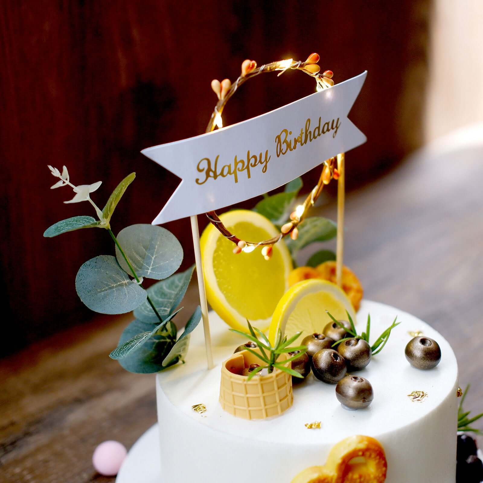 Light Up Happy Birthday Cake Topper Warm White LED - Luminous Blinking Mini Wreath Cake Decoration for Glamorous Birthday Parties & Events