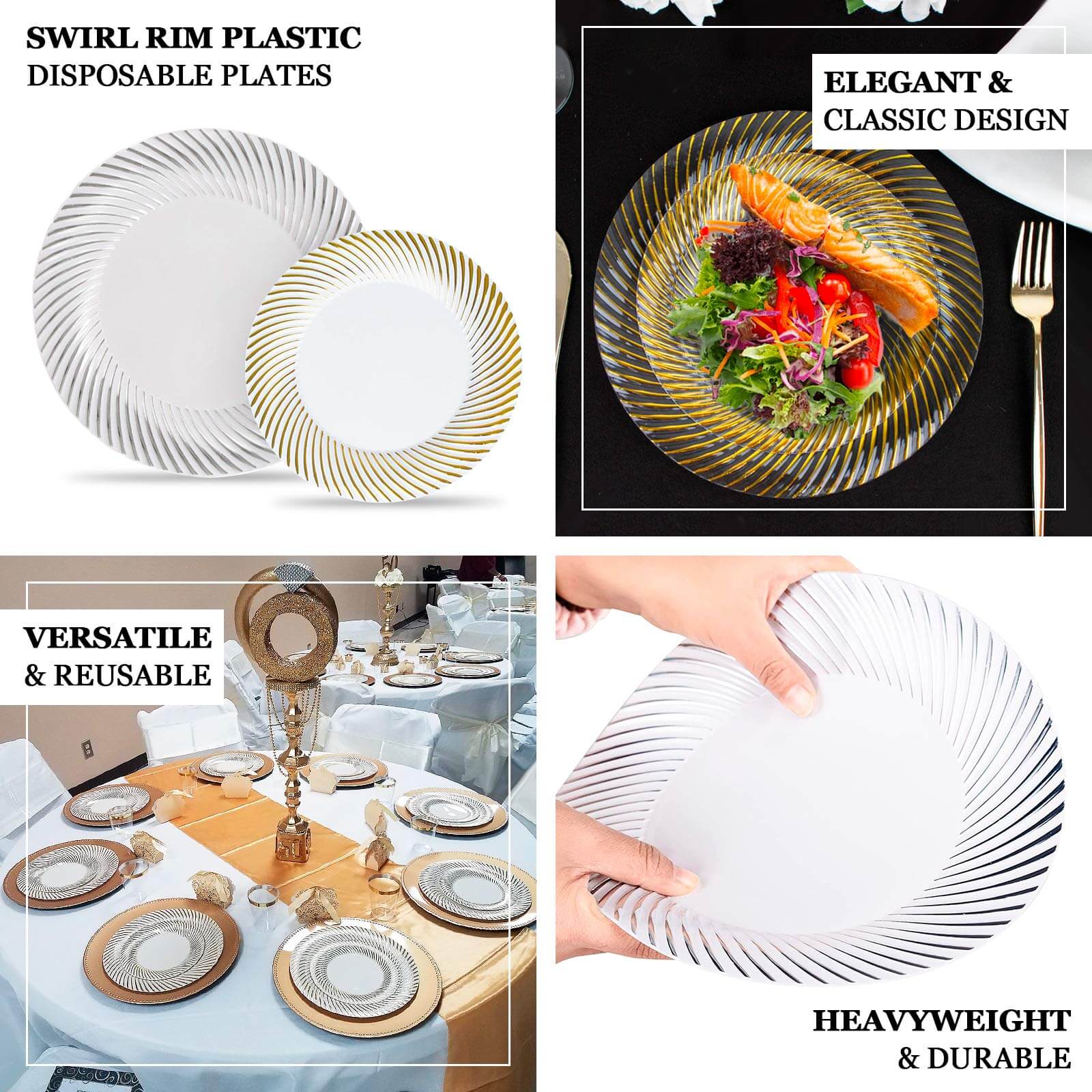 10-Pack Plastic 7 Round Dessert Plates in White with Gold Swirl Rim - Disposable Salad Plates for Classy Events & Banquets