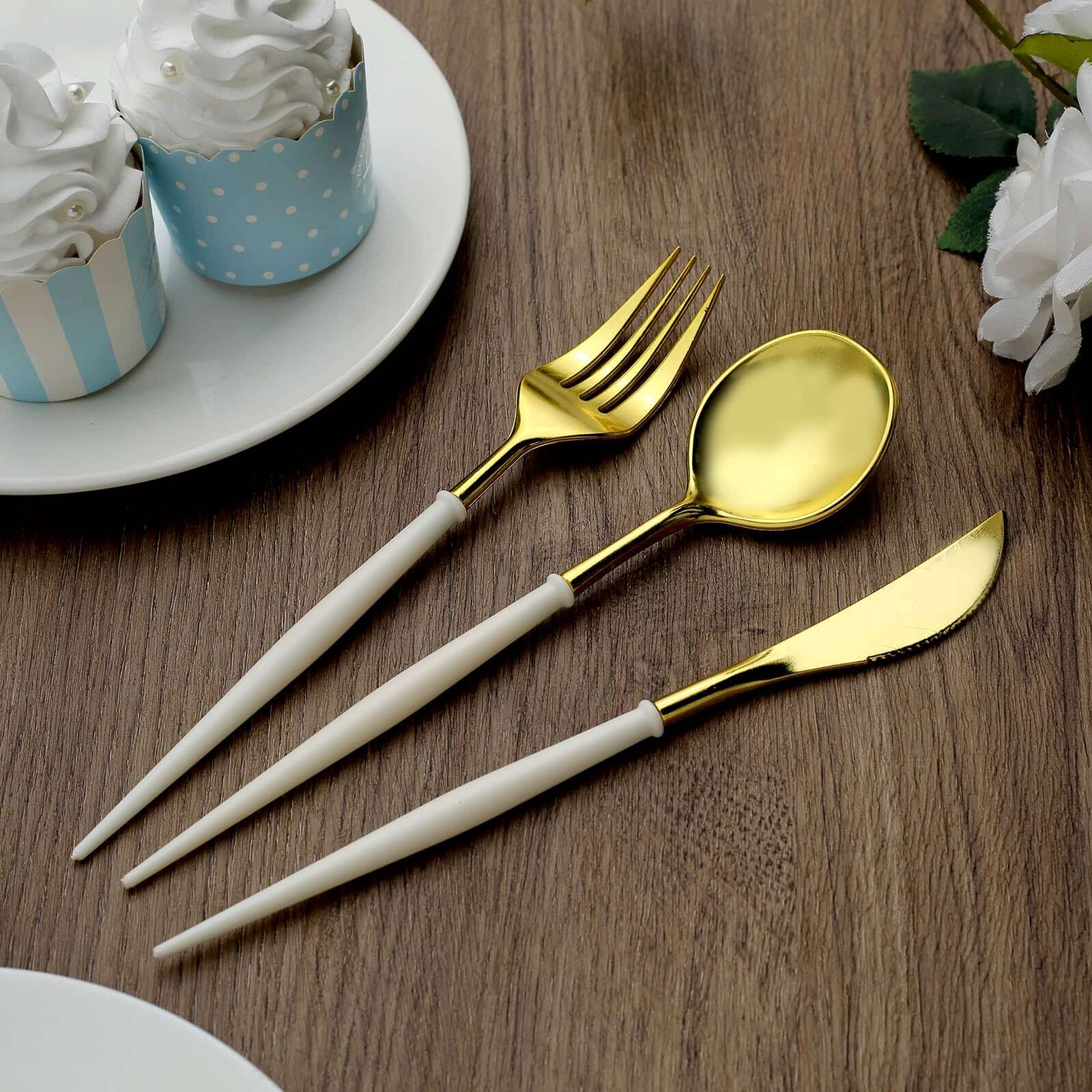 24-Pack Plastic Flatware Set in Metallic Gold with Ivory Handle - Heavy Duty Disposable Modern Silverware 8