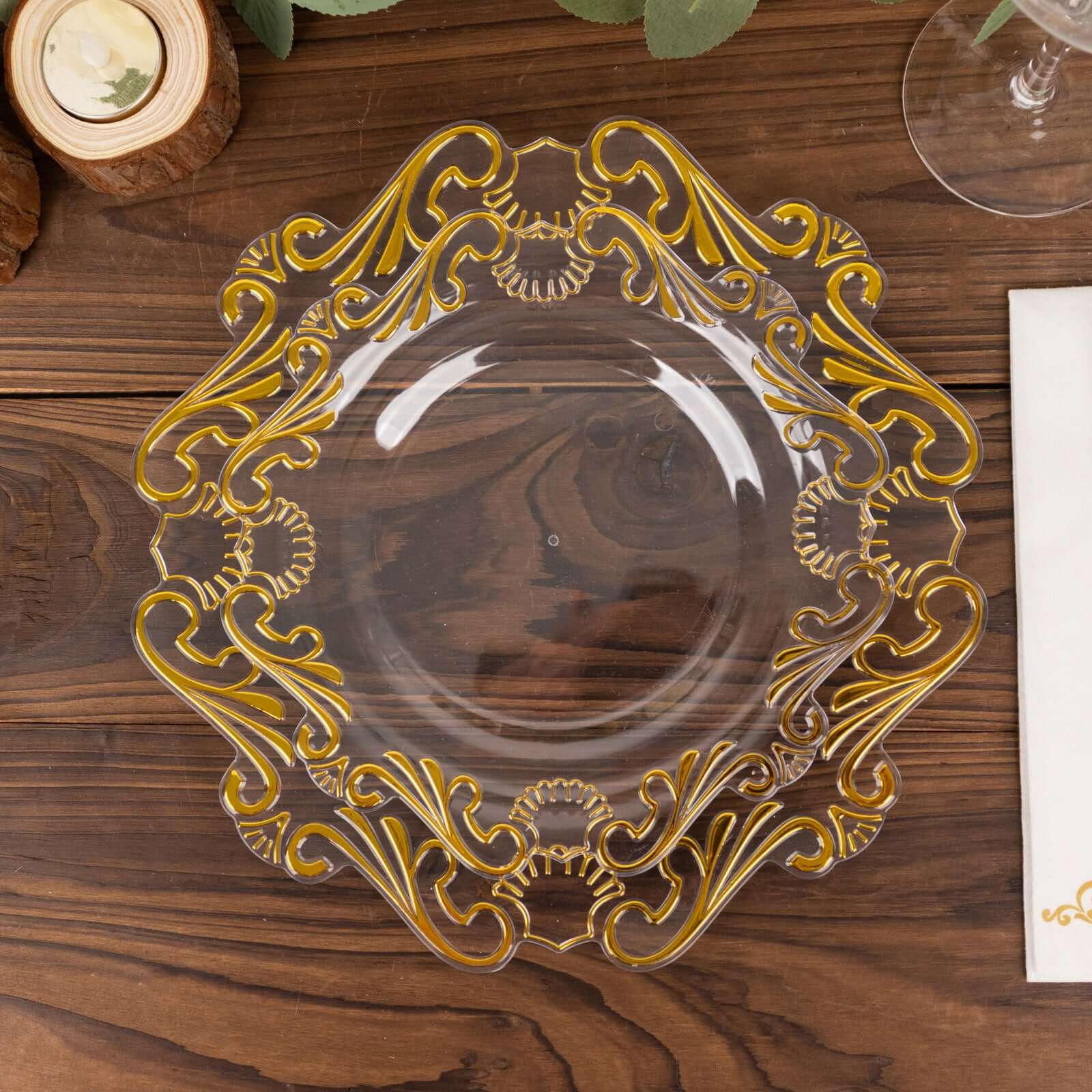 10-Pack Plastic 10 Round Dinner Plates in Clear with Gold Vintage Baroque Scalloped Rim - European Style Disposable Party Plates