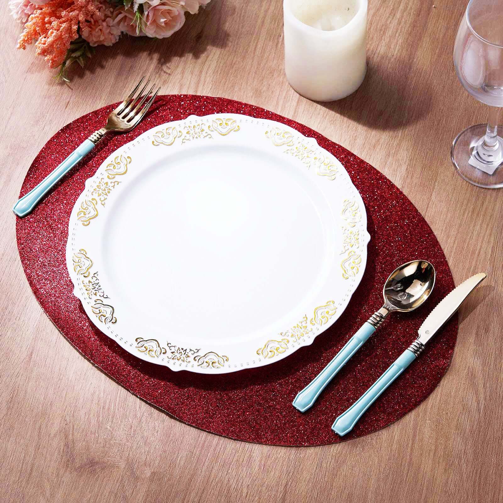 6-Pack Placemats Glitter Design Burgundy Sparkle Oval - Non-Slip Decorative Table Mats for Dining 12x18