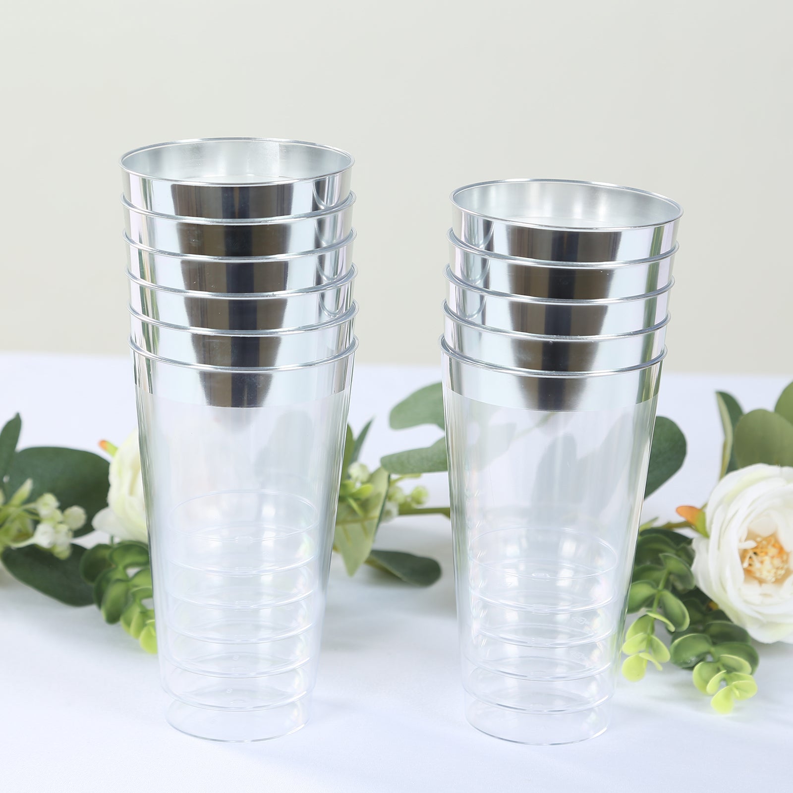 12-Pack Plastic Party Cups Clear with Silver Rim - Durable Disposable Tumblers for Drinks 17oz 5.5
