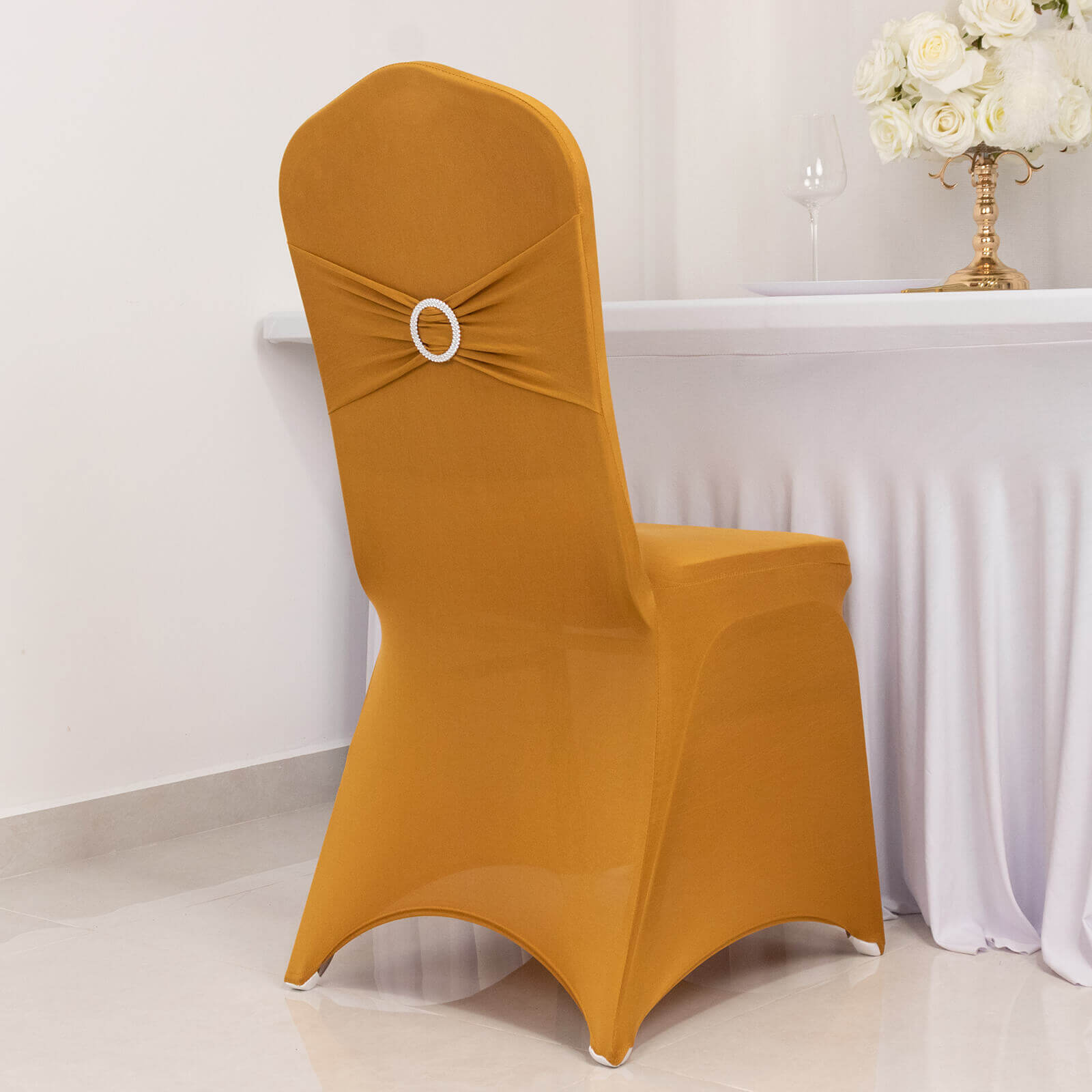 Spandex Chair Cover with Gold Rhinestone Buckled Sash Band Blush - Stylish Stretch Fitted Slipcover for Banquets & Events