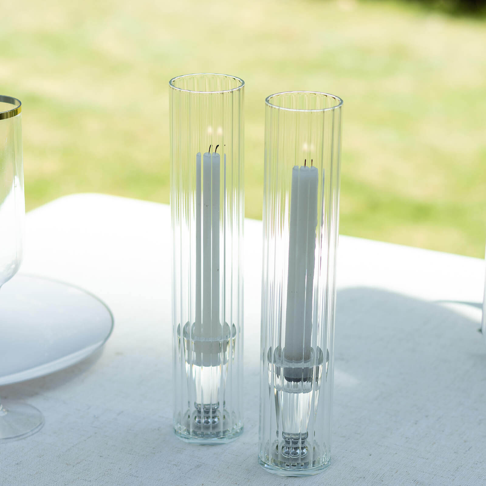 2-Pack Clear Ribbed Glass Hurricane Shades Open End Design - Stylish Candelabra Pillar Candle Holder Table Centerpiece 10