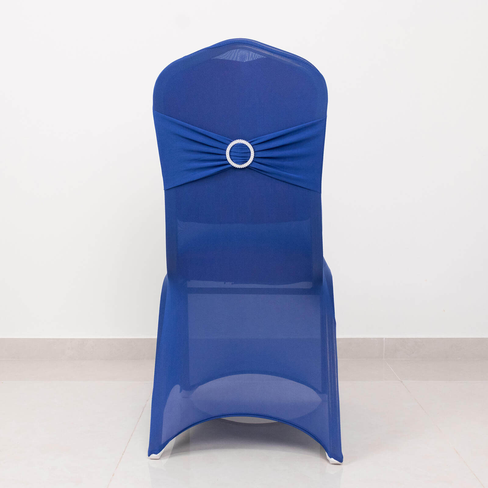 Spandex Chair Cover with Royal Blue Rhinestone Buckled Sash Band Blush - Stretch Fitted Slipcover