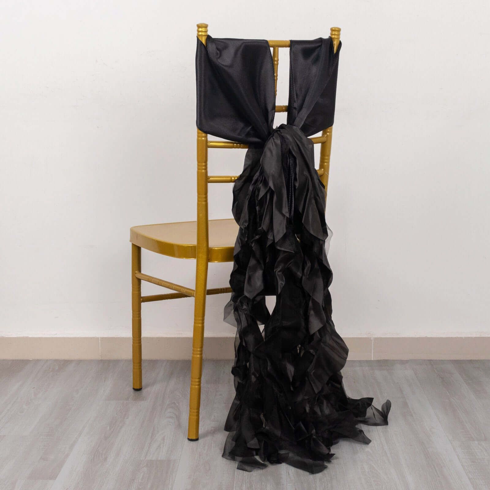 5 Pack Chiffon Satin Chair Sashes Black - Easy to Install Lustrous Ruffled Curly Willow Wedding Chair Decorations