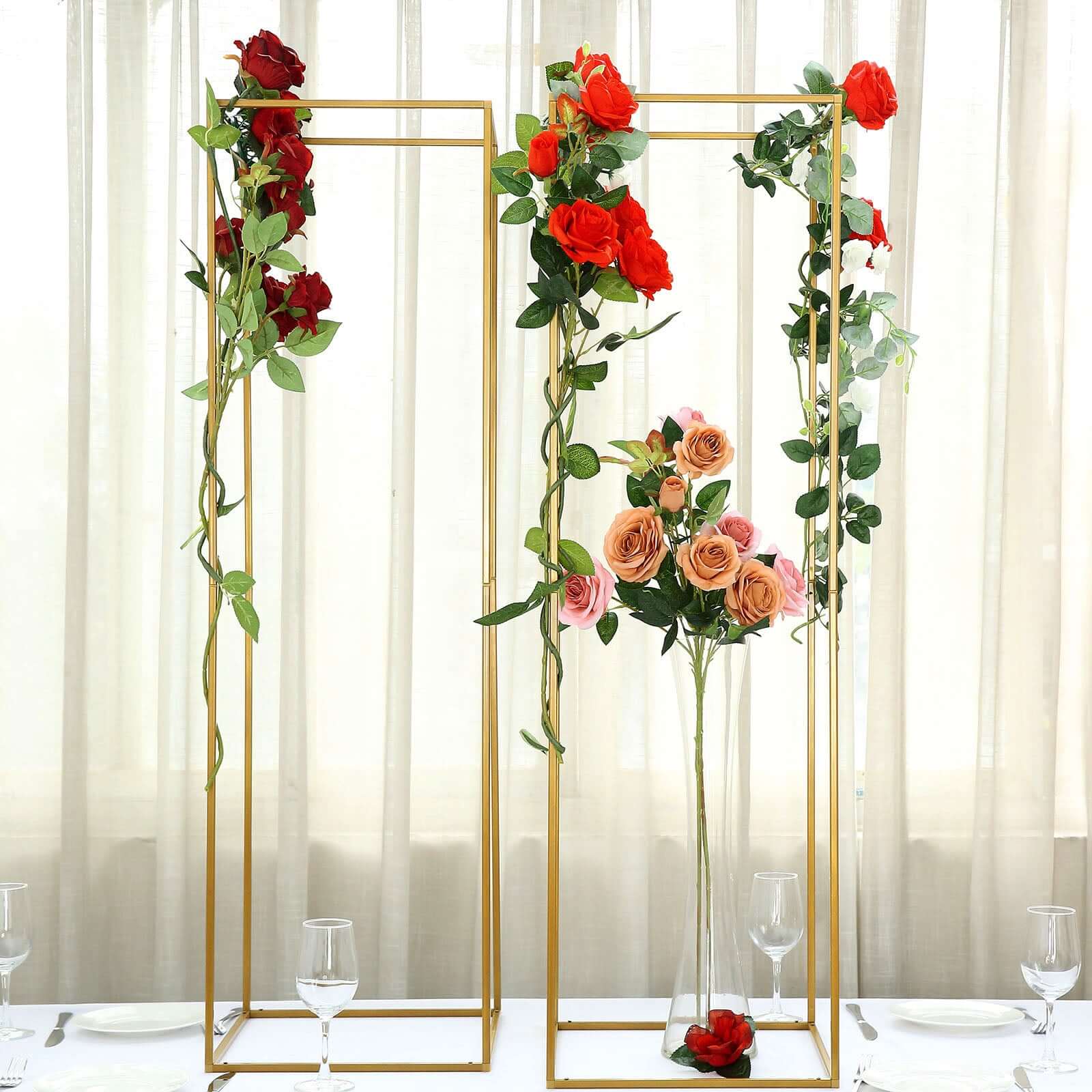 2-Pack Wedding Flower Stand Gold Metal Geometric Column Frame Rectangular - Versatile Floral Pedestal for Upscale Arrangements 48