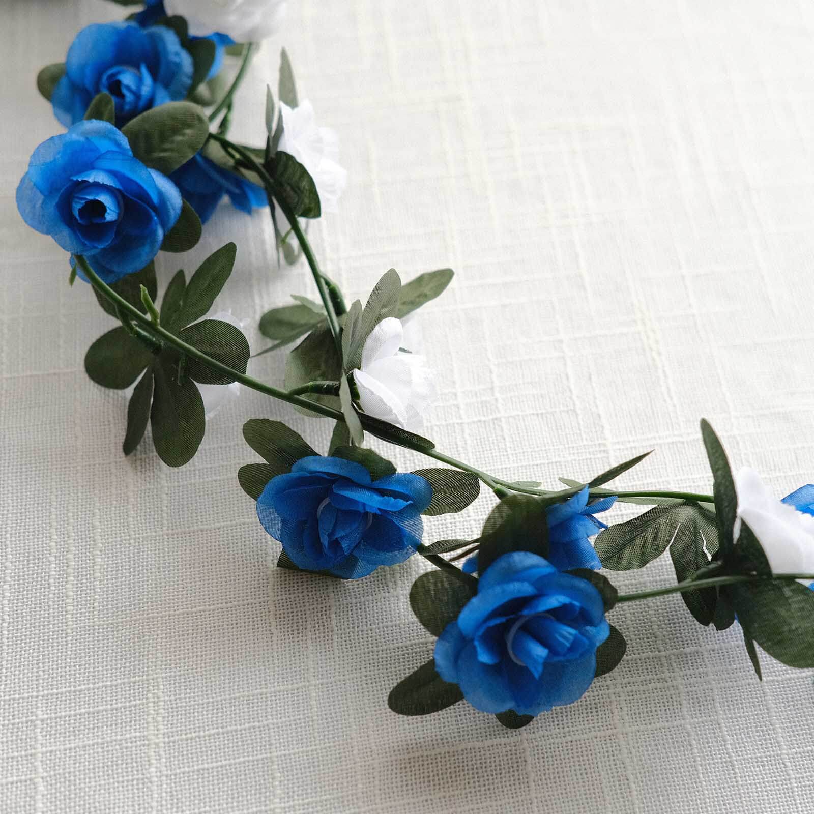 2 Pack 8ft White Royal Blue Artificial Silk Flower Garland Mini Rose Vines with 45 Flower Heads