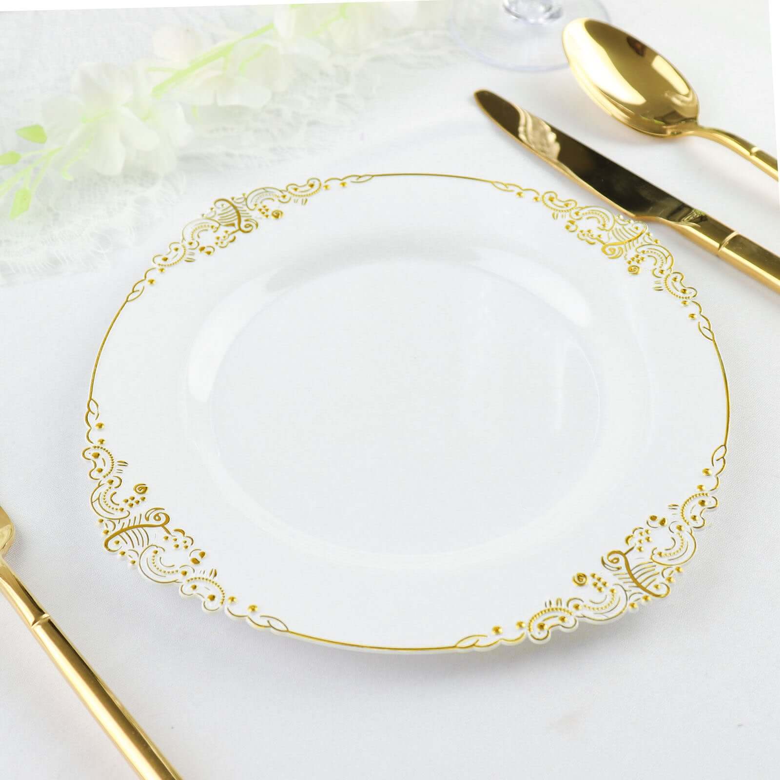 10-Pack Plastic 8 Round Dessert Plates in White with Gold Leaf Embossed Rim - Disposable Vintage Baroque Style Salad Plates for Luxurious Gatherings & Events