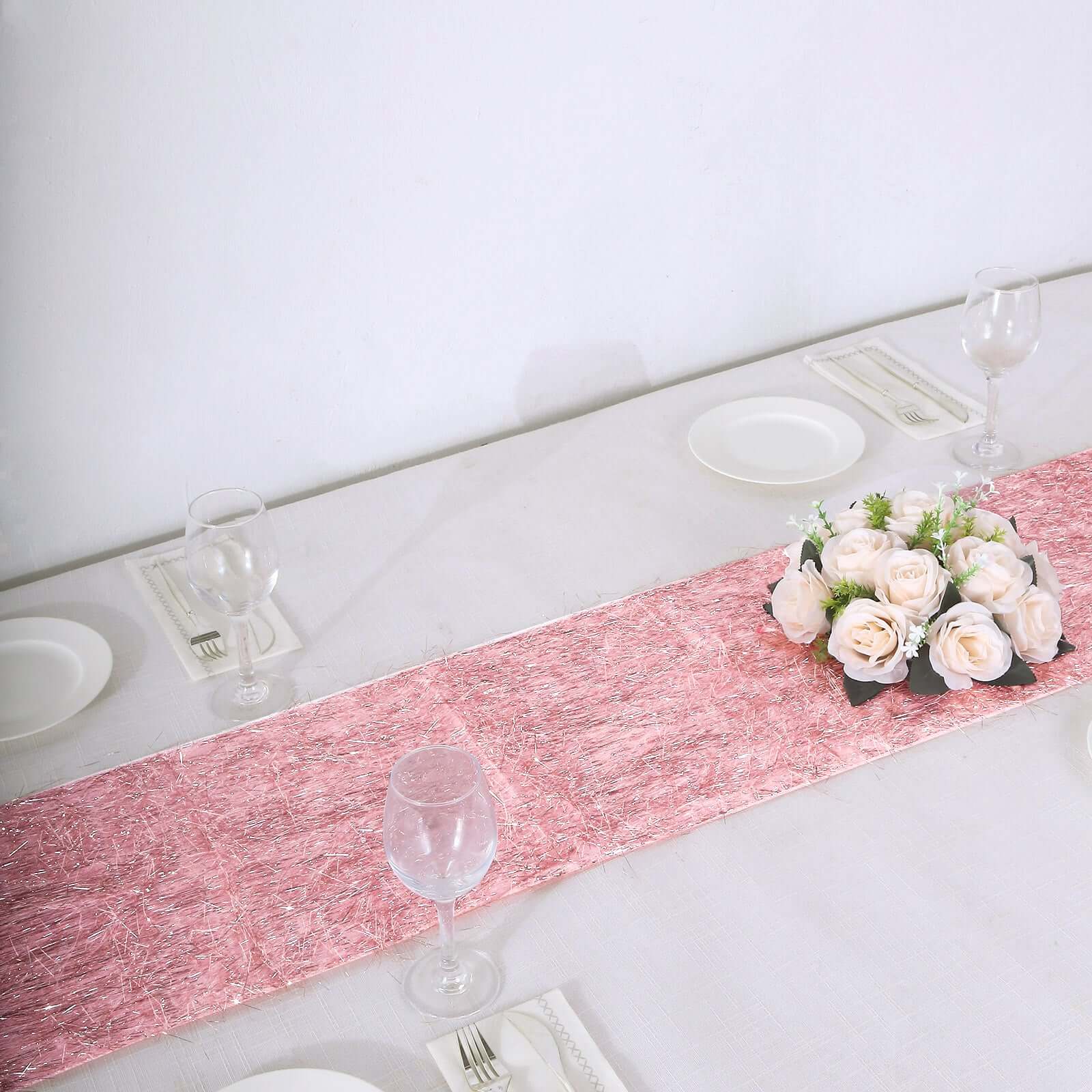 Metallic Tinsel Polyester 12x108 Table Runner Rose Gold - Shimmery Fringe Shag Table Decor