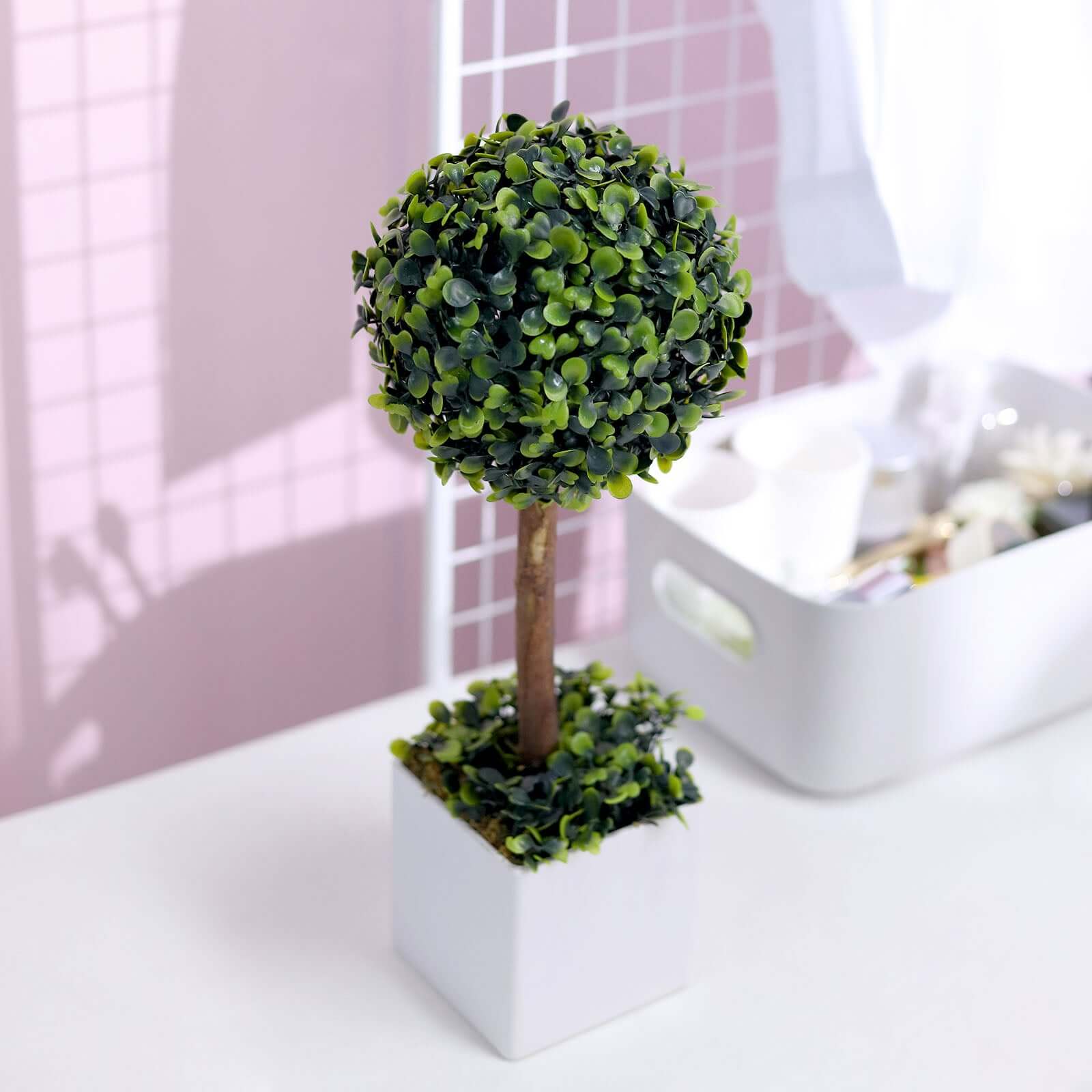 16 Green Artificial Boxwood Topiary Ball Tree In White Planter Pot