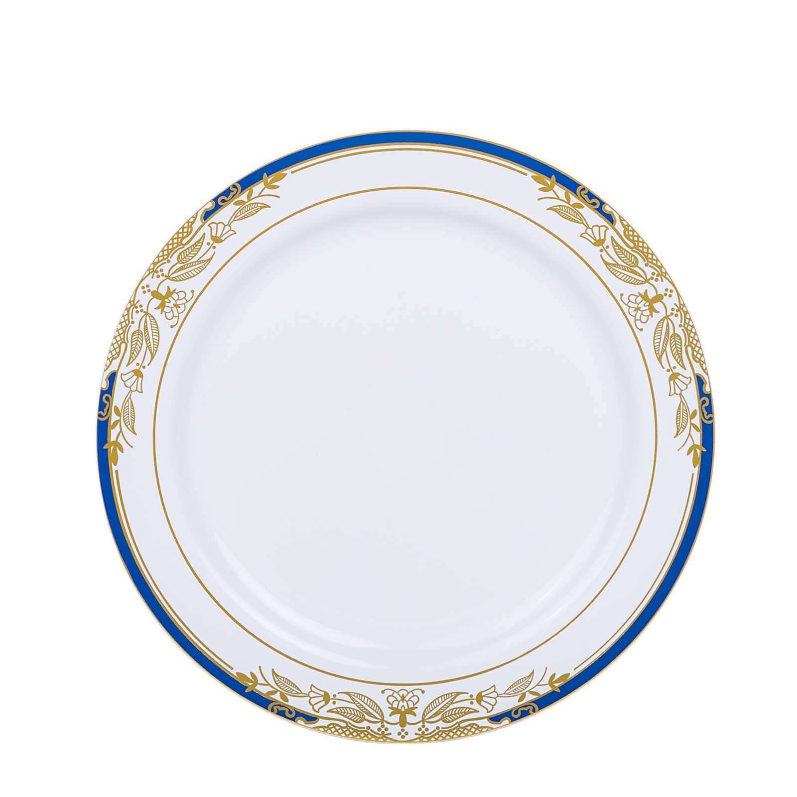 10-Pack Plastic 10 Round Dinner Plates in White with Royal Blue Rim - Stylish Gold Vine Design Disposable Party Plates for Special Occasions & Celebrations