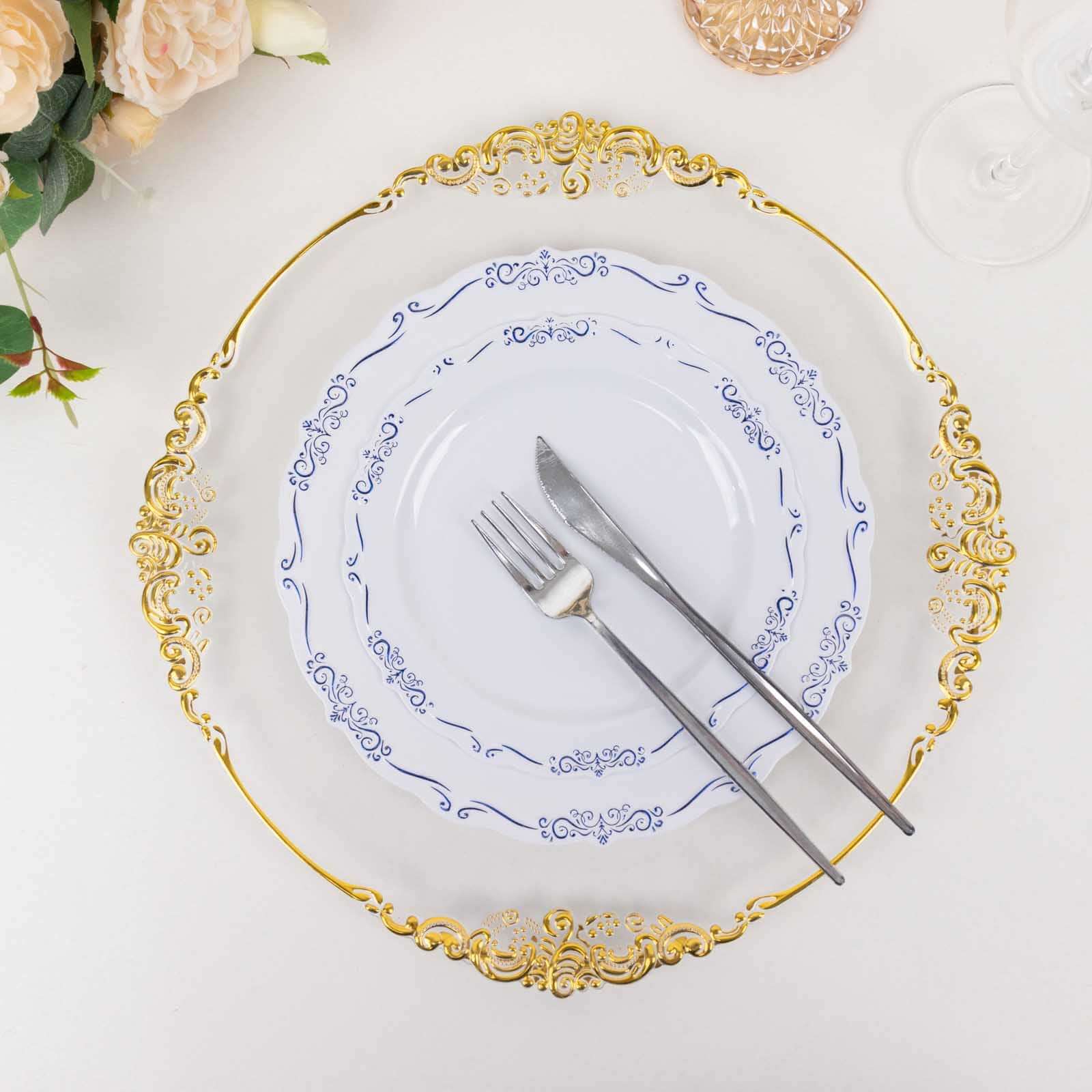 10-Pack Plastic 7 Round Dessert Plates in White with Blue Vintage Embossed Rim - Sturdy Disposable Scalloped Edge Salad Plates