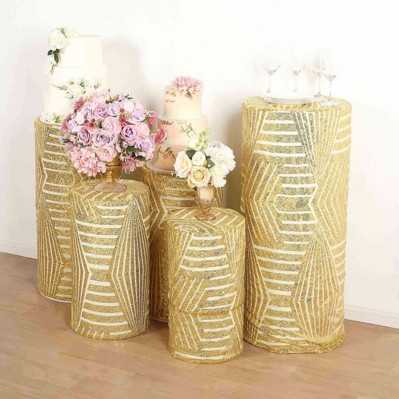 Set of 5 Gold Sequin Mesh Cylinder Pedestal Stand Covers with Geometric Pattern Embroidery, Sparkly Sheer Tulle Pillar Prop Covers