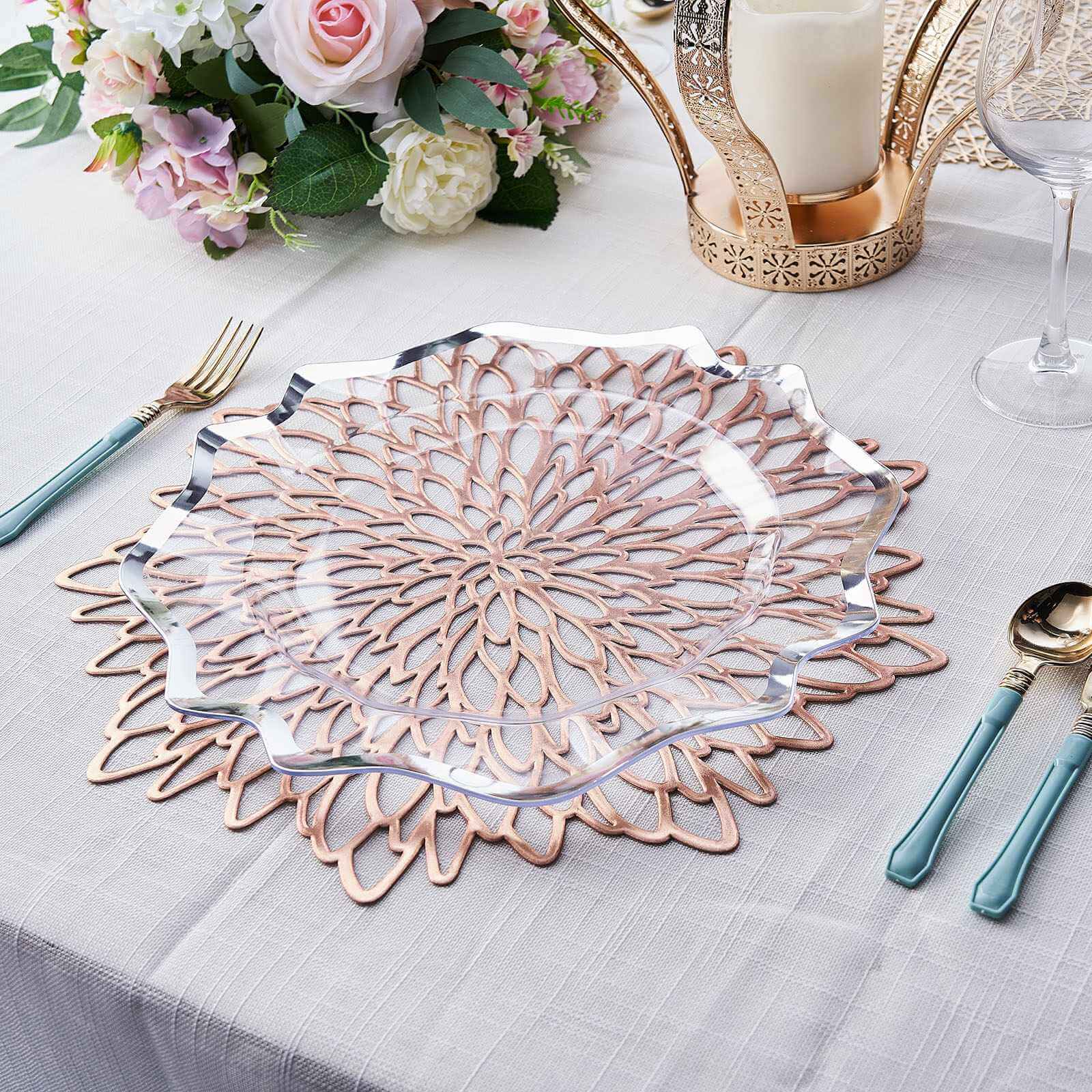 6-Pack Dining Table Mats Floral Design Rose Gold - Metallic Vinyl Round Non-Slip Mats for Tables 15