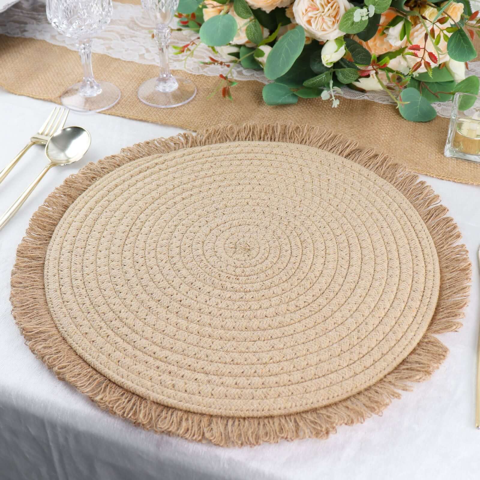 4-Pack Placemats Fringed Edge Design Natural Rustic Burlap Jute Round - Farmhouse Style Table Mats with Trim 15